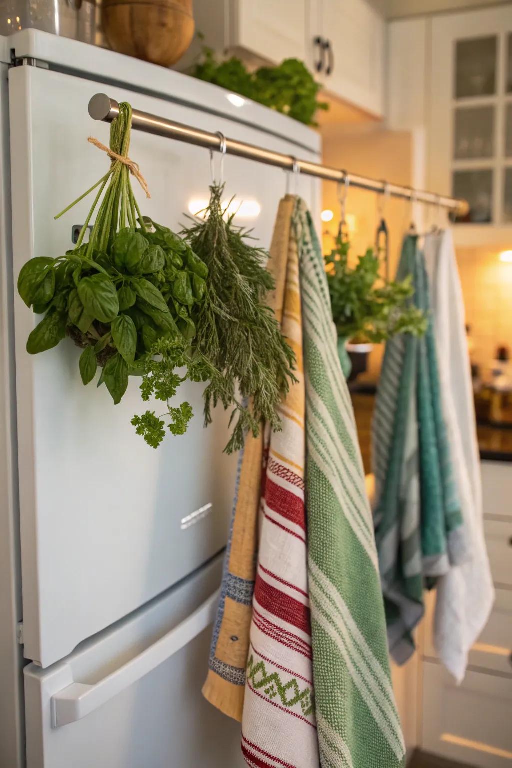 A tension rod above the fridge adds unexpected functionality.