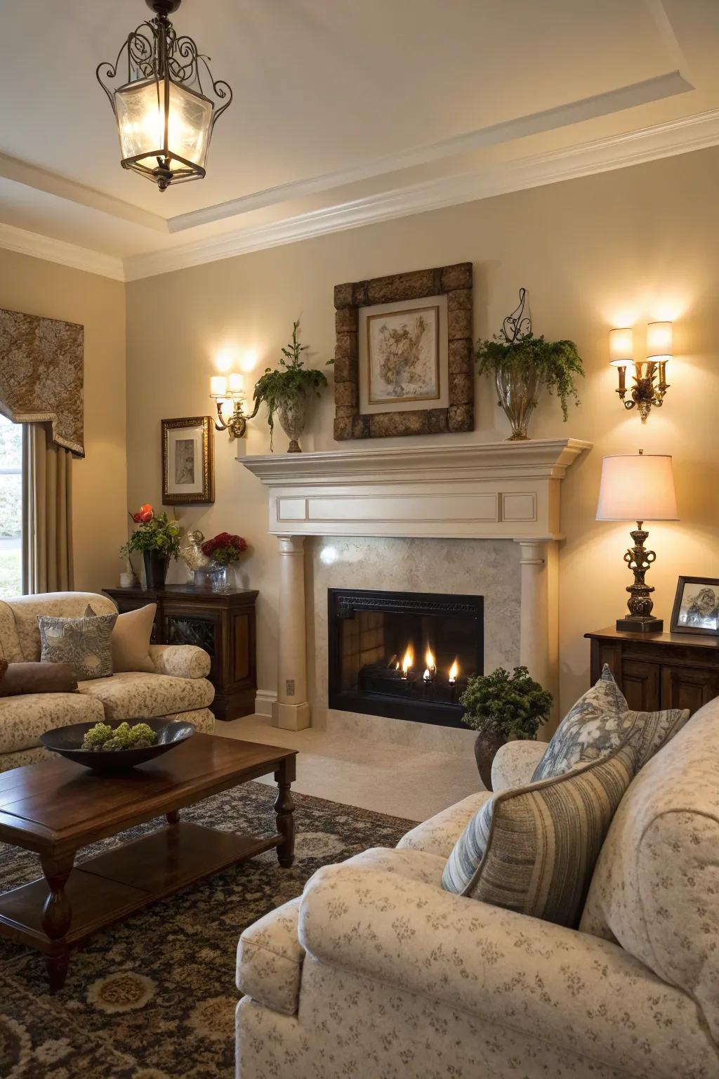 Adaptable sconces establish fireplaces as a breathtaking focal point.