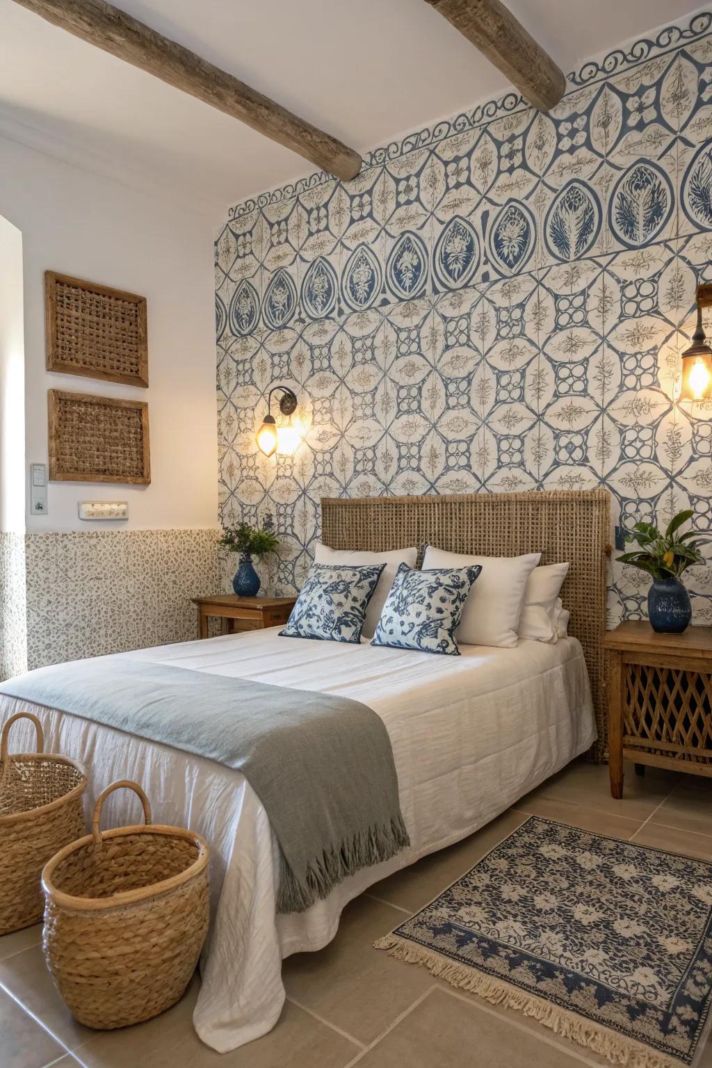 Tiles on the feature wall add texture and a Mediterranean touch to the bedroom.