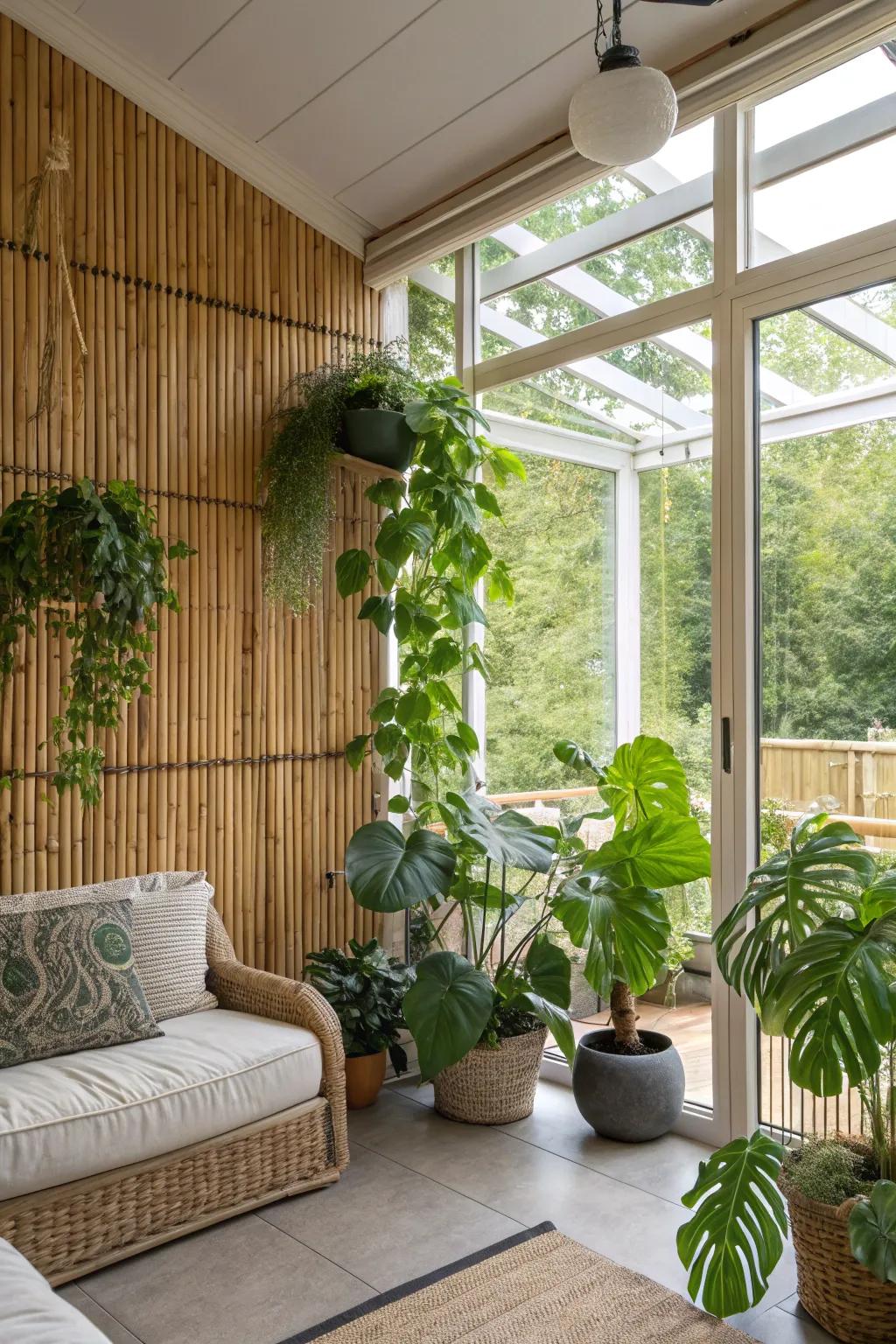 A sunroom featuring a bamboo accent wall for a natural touch.