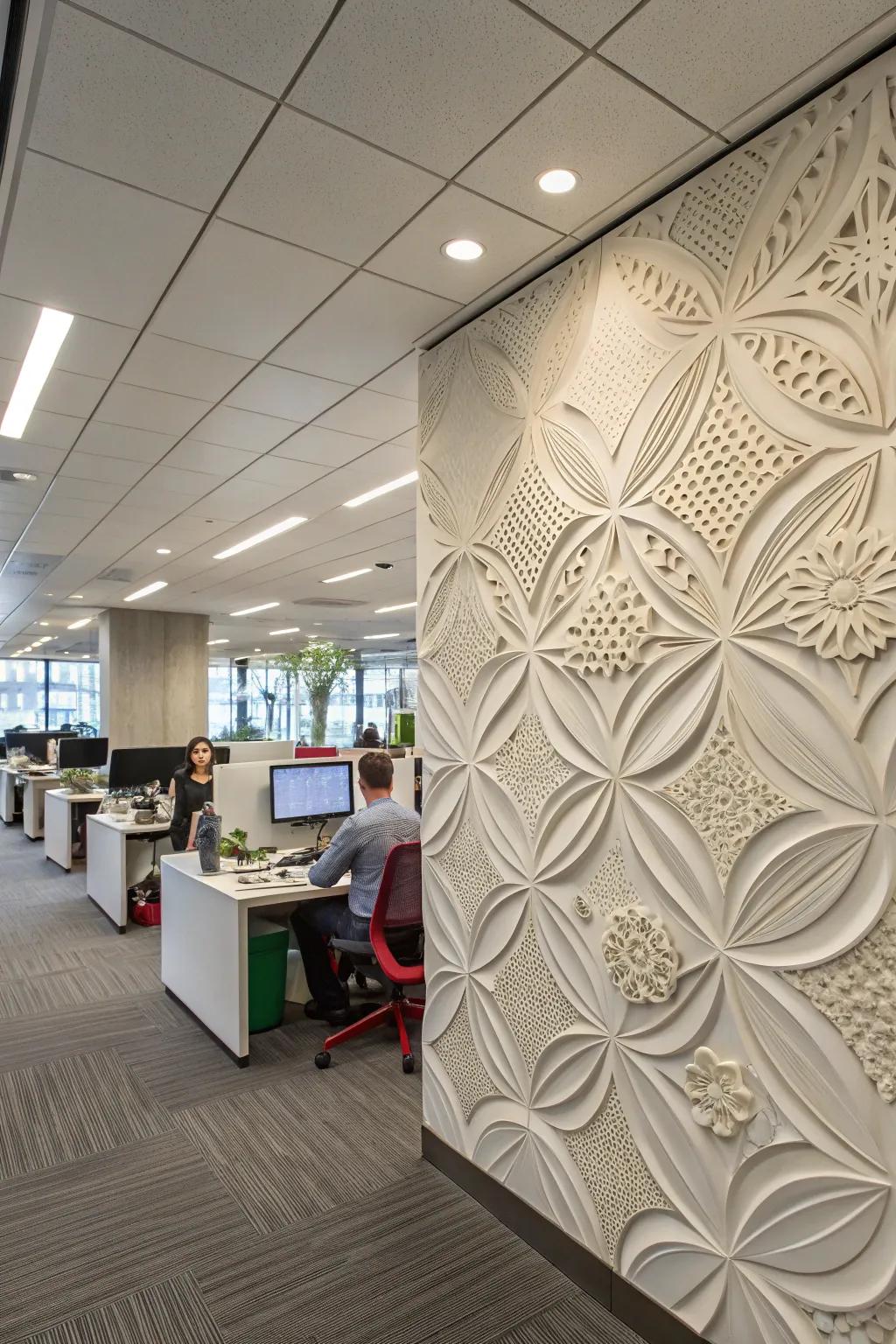 An office featuring dimensional sculpted feature wall panels.