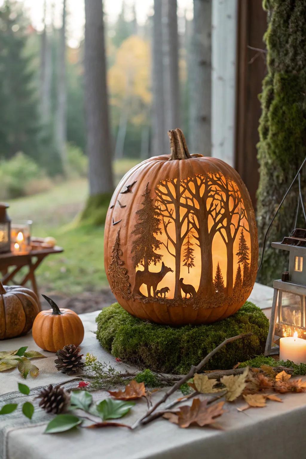 Step into an enchanted woods with mystical pumpkin carvings.