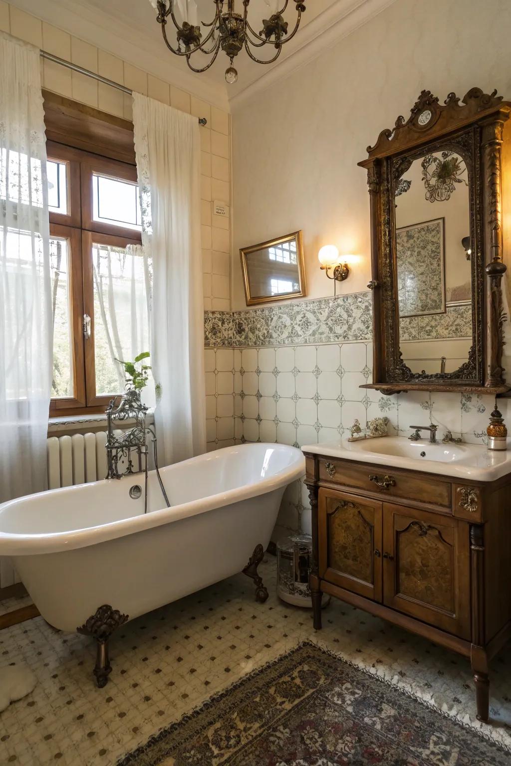 Your bathroom gains charm and character from vintage accents.