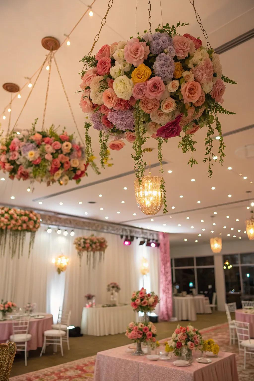 Include whimsy using suspending floral arrangements.