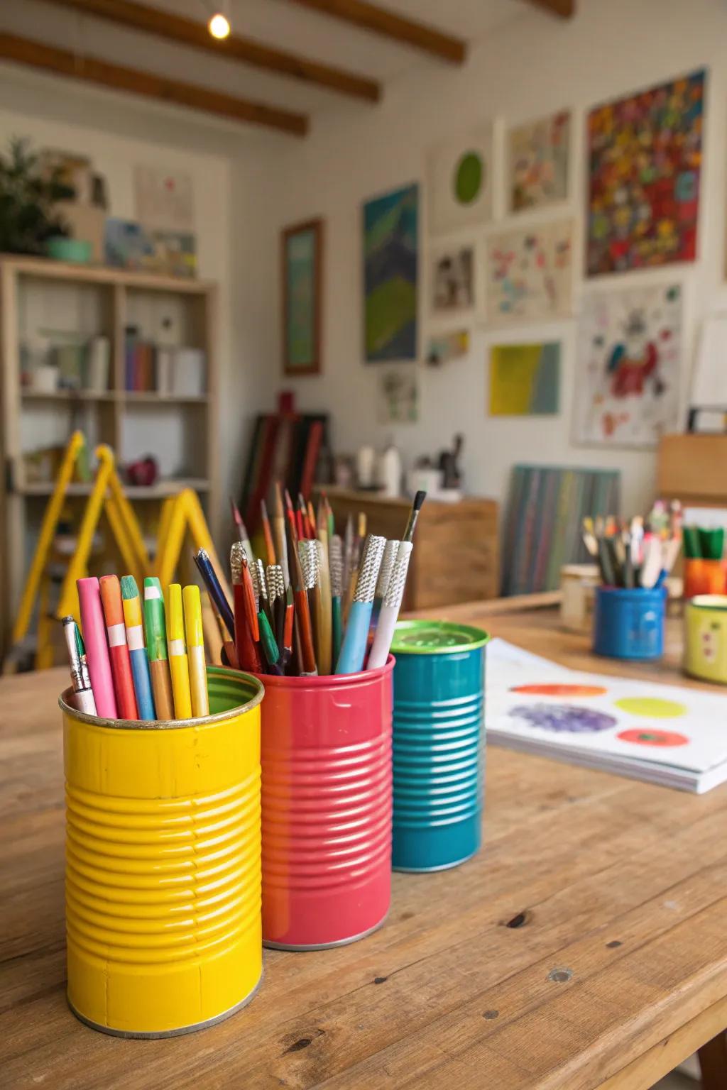 Upcycled tin cans add a personalized touch to your art supply storage.