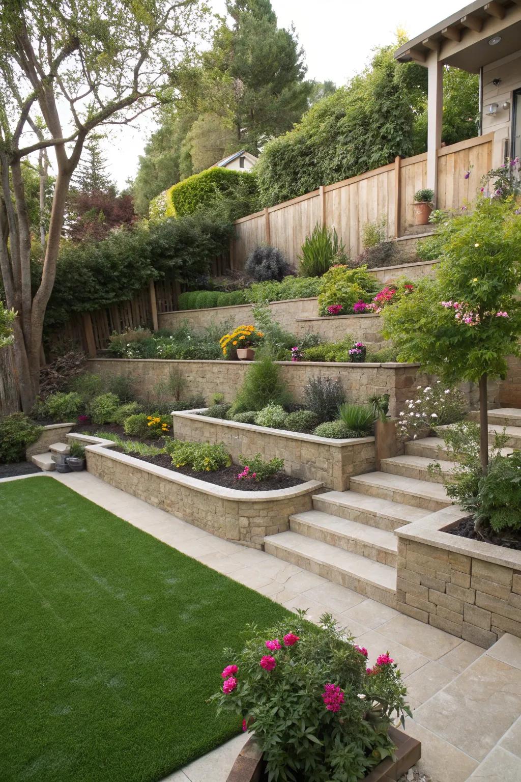 A dynamic multi-level garden featuring lush synthetic turf.