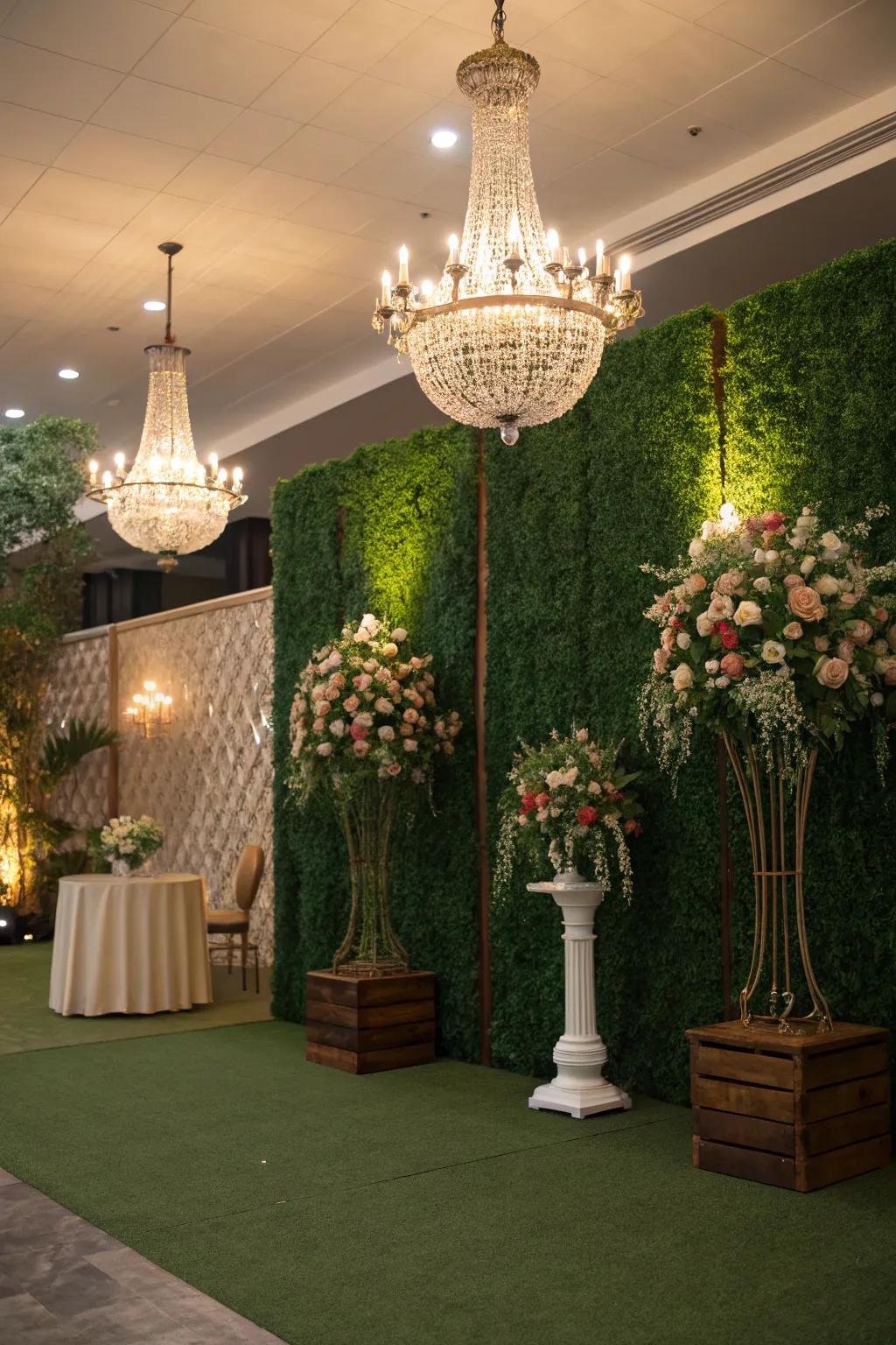 An event setting featuring a stunning artificial greenery wall backdrop for memorable photos.