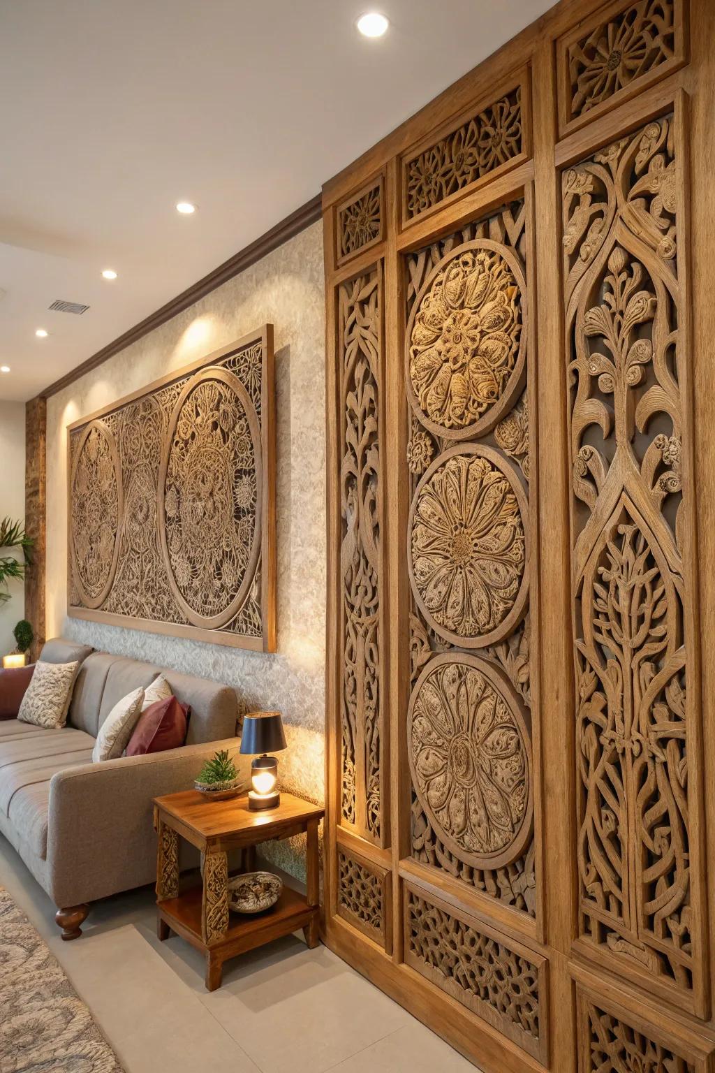 Island timber carvings add exotic flair and cultural depth.