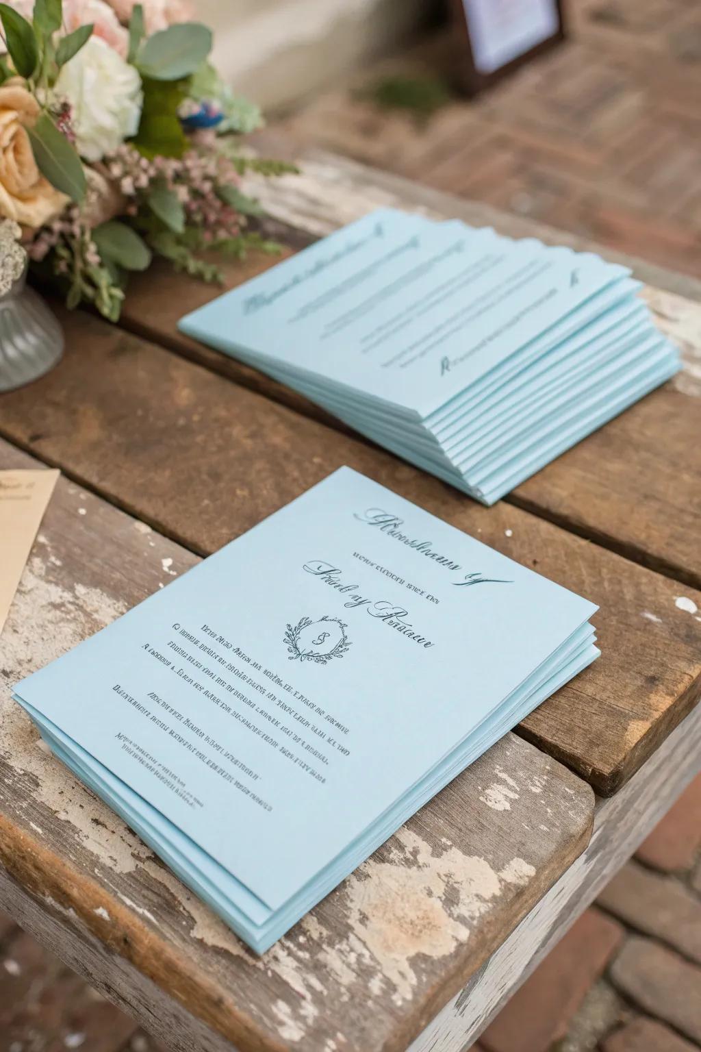 Light azure ceremony programs add an elegant touch to the event.