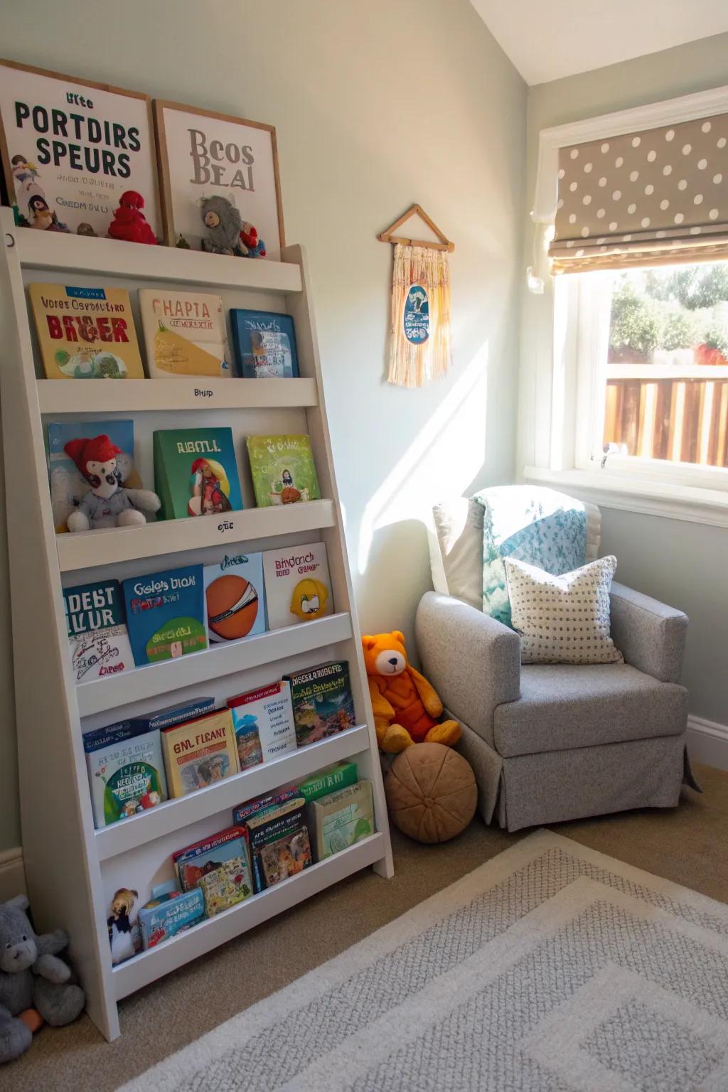 A sports-themed bookshelf offers both storage and a thematic touch.