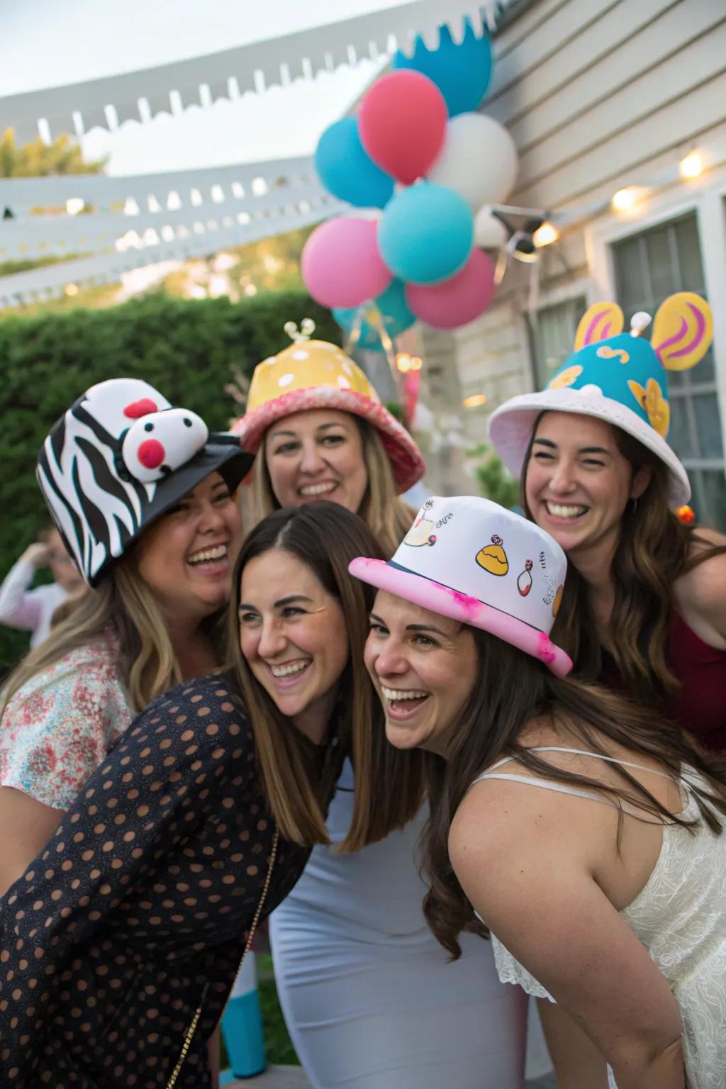 A group of women sporting fun themed headwear.