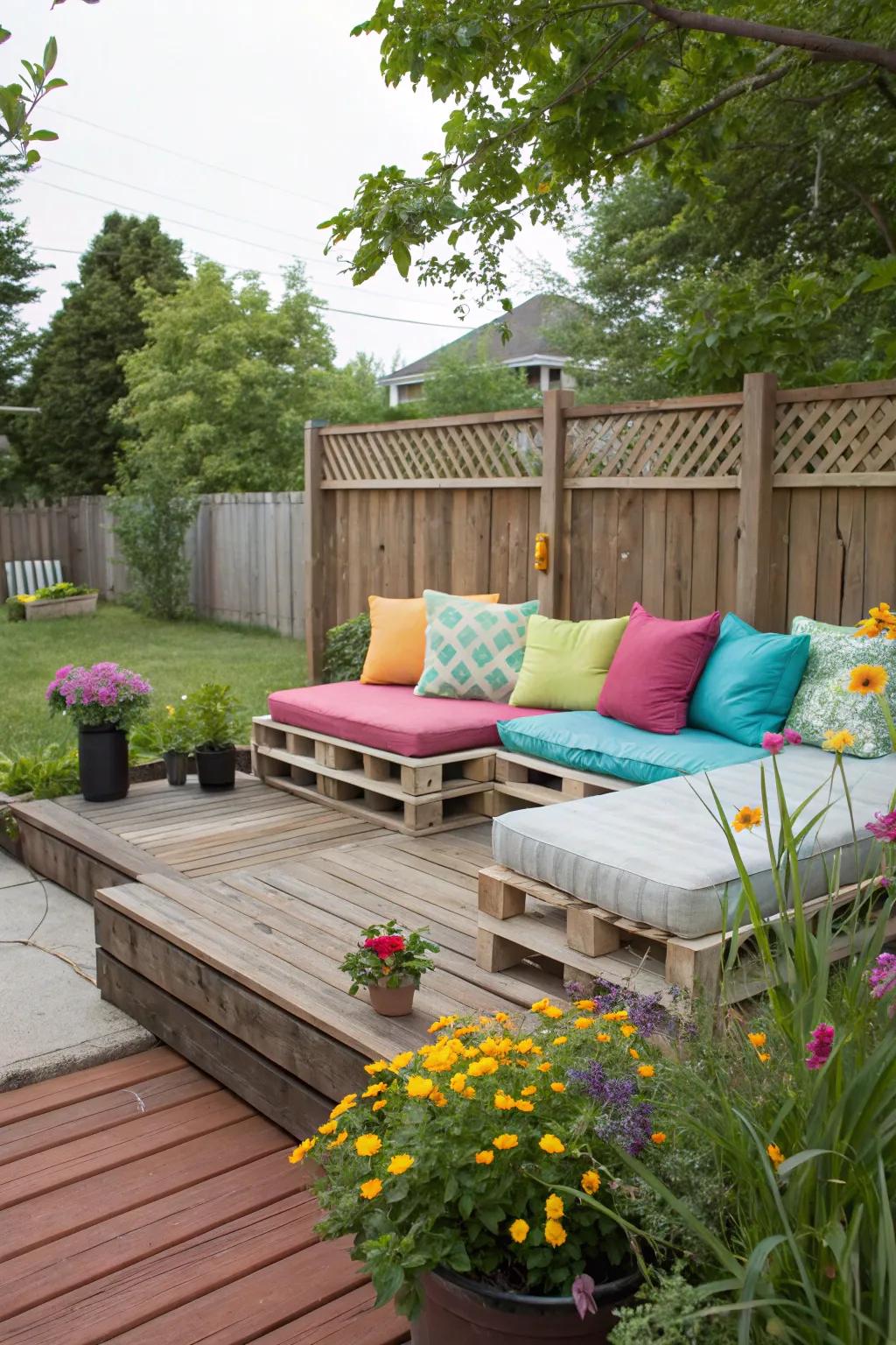 Pallet seating provides comfort on a budget.