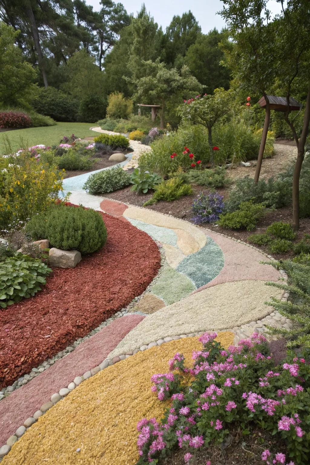 Use different colours of crushed rock fines to create visual interest and focal points in your garden.