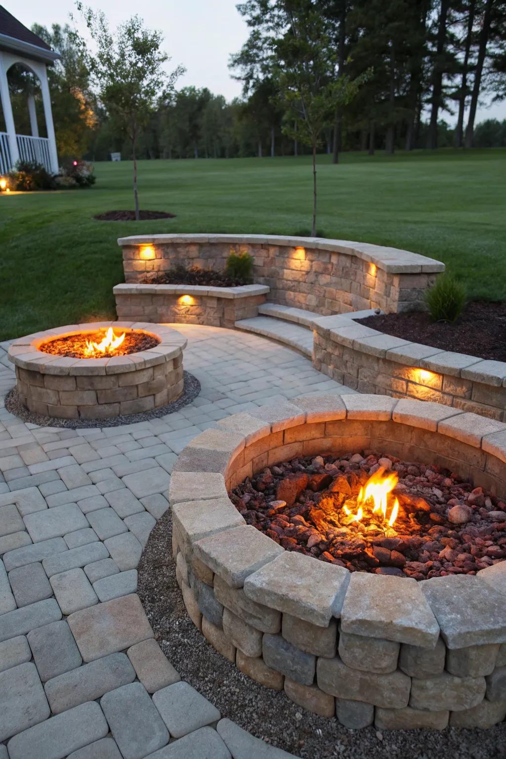 Rock walls add texture and a cozy feel to the fire feature area.