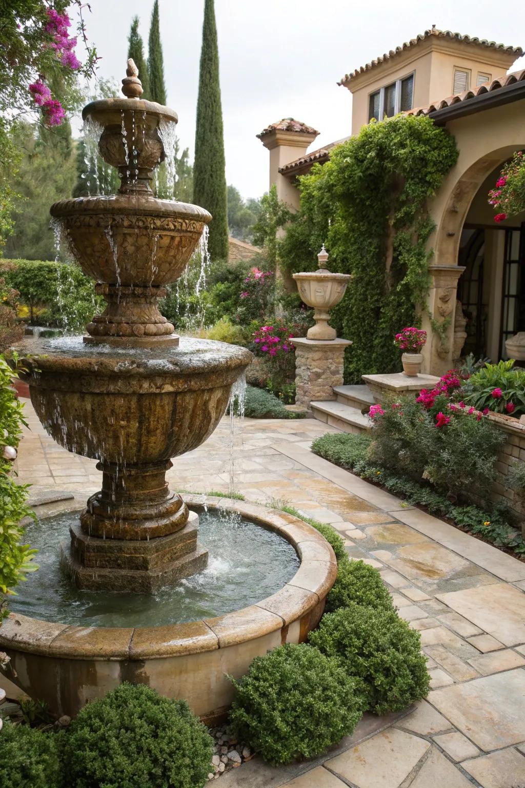 A stacked urn fountain adds Mediterranean flair to your garden.