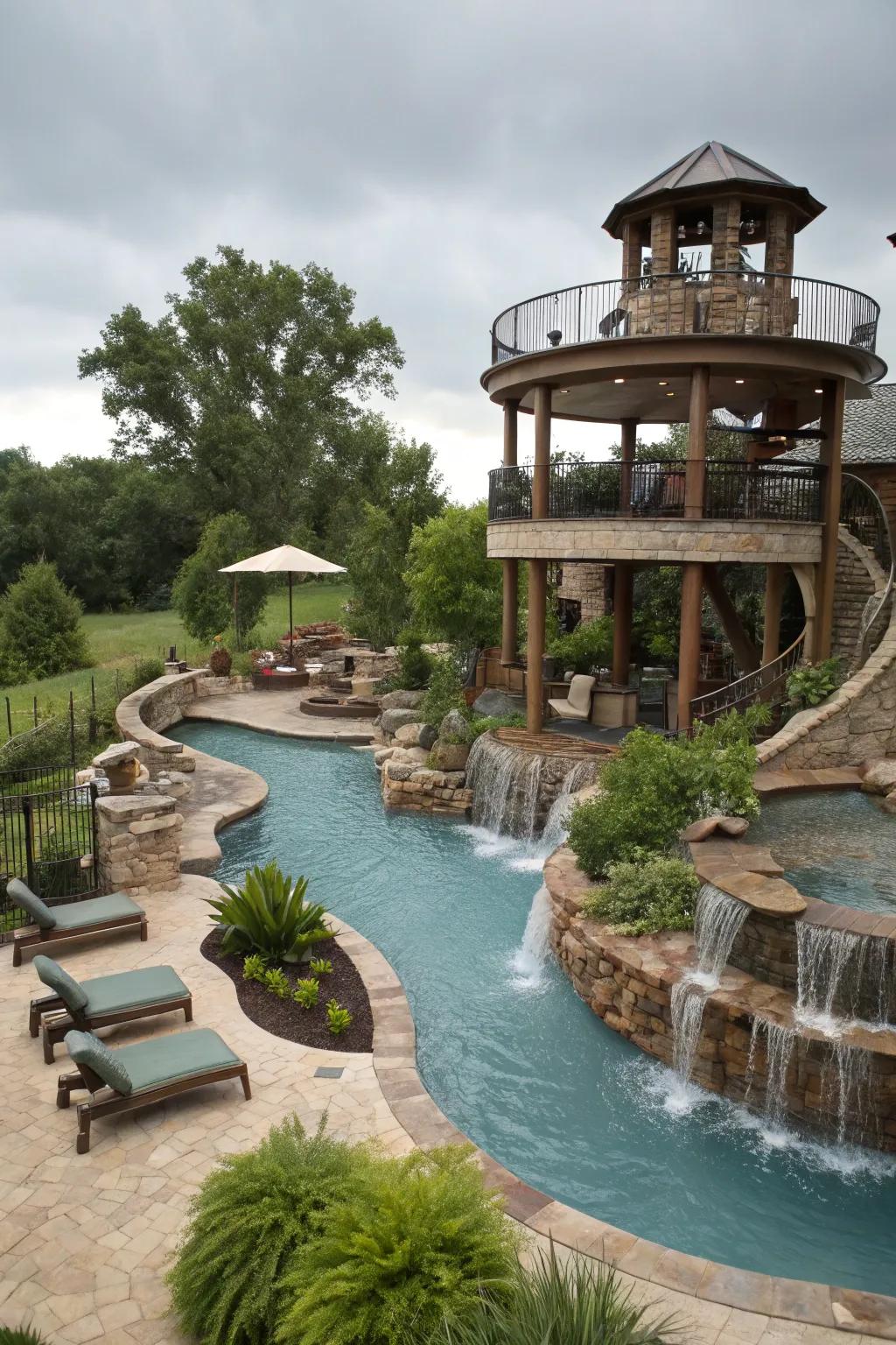 A multi-tiered lazy river pool delivering versatile spaces for relaxation and fun.
