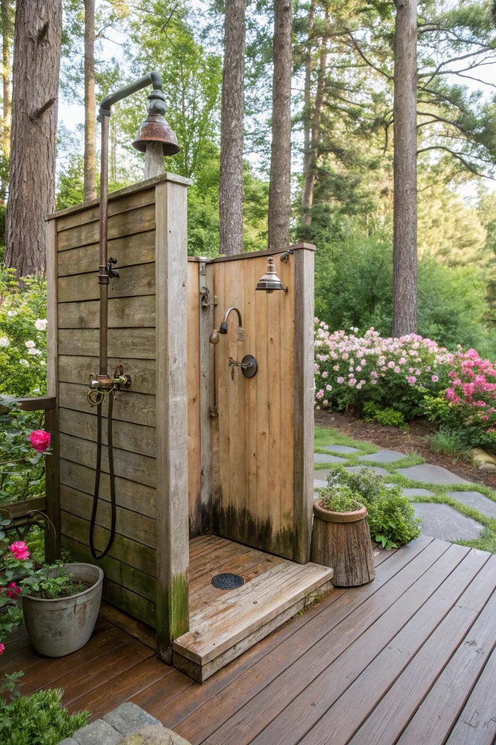 A fusion of rustic and vintage styles in an outdoor shower area.