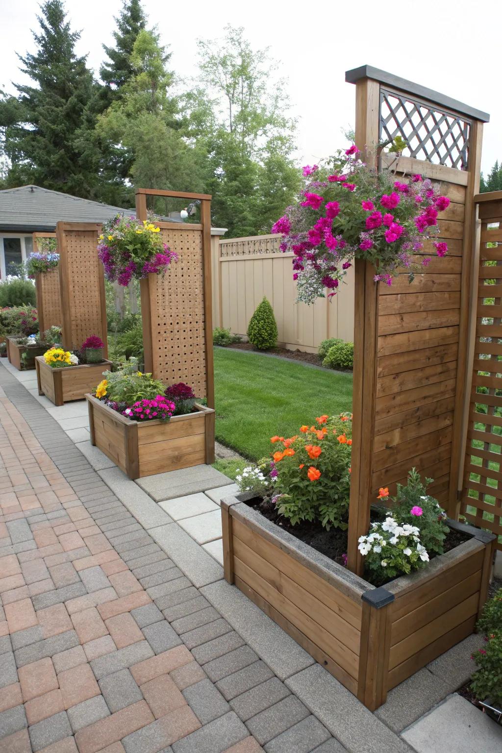 Privacy walls with boxes add beauty and function.