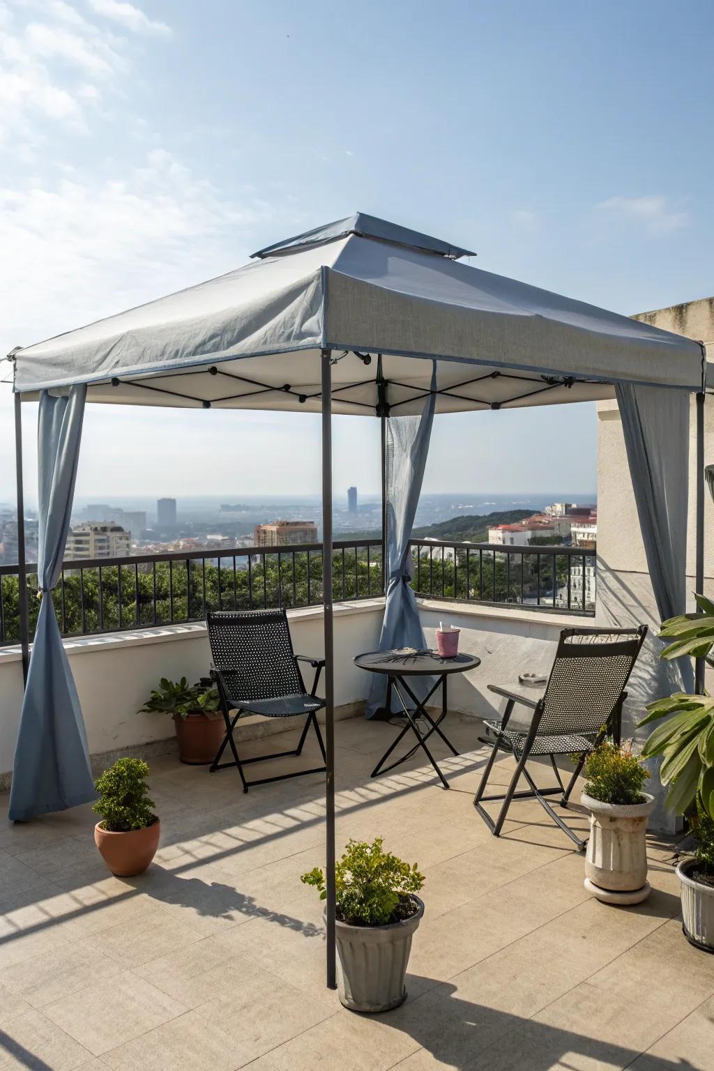 A portable canopy tent providing temporary shade on a balcony.