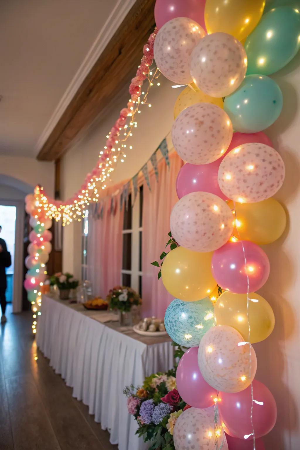 Balloon garland with LED lights for a magical glow.