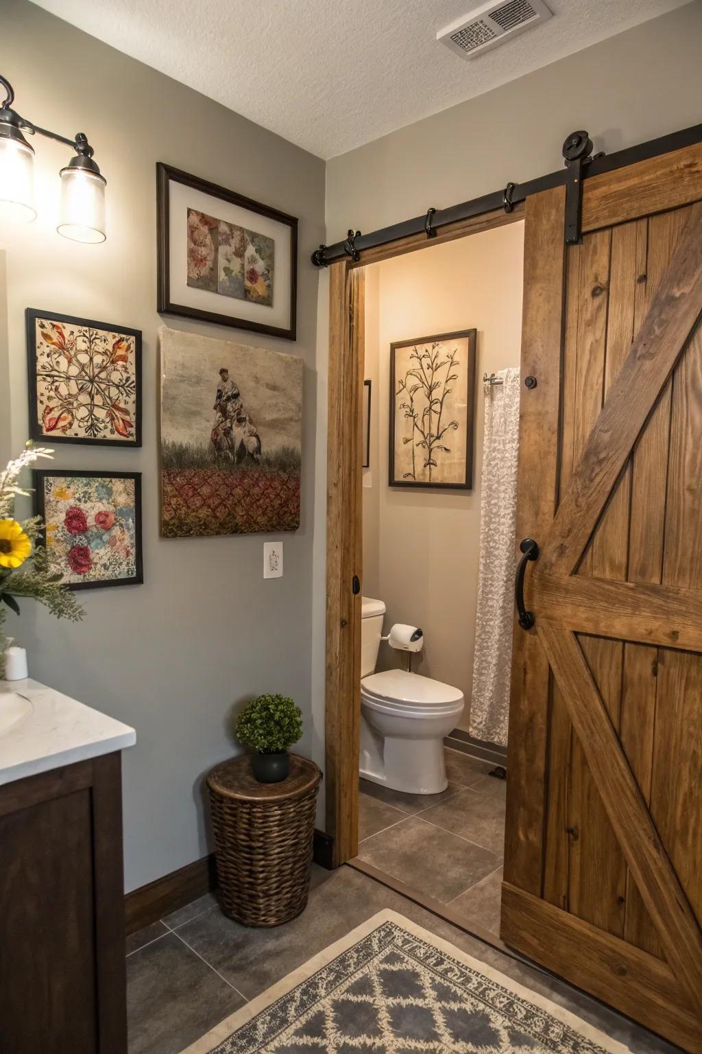 Custom art transforms the barn door into a unique centerpiece.