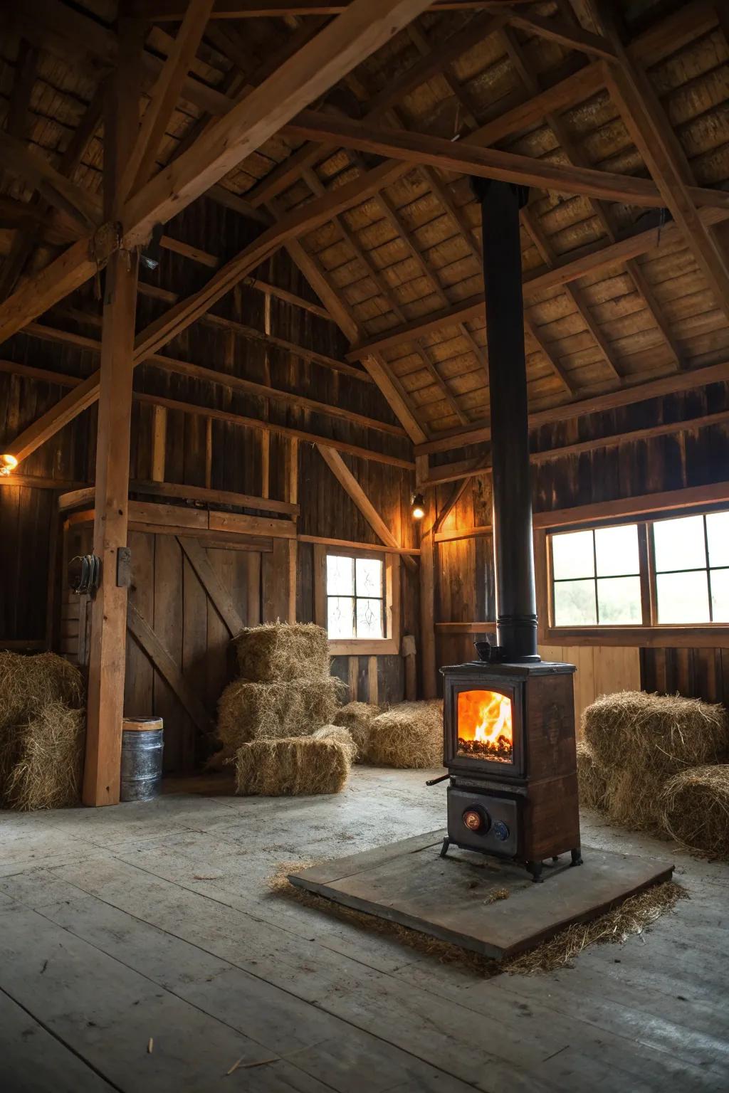 A barn loft with a wood-burning heater, providing both warmth and a key point.