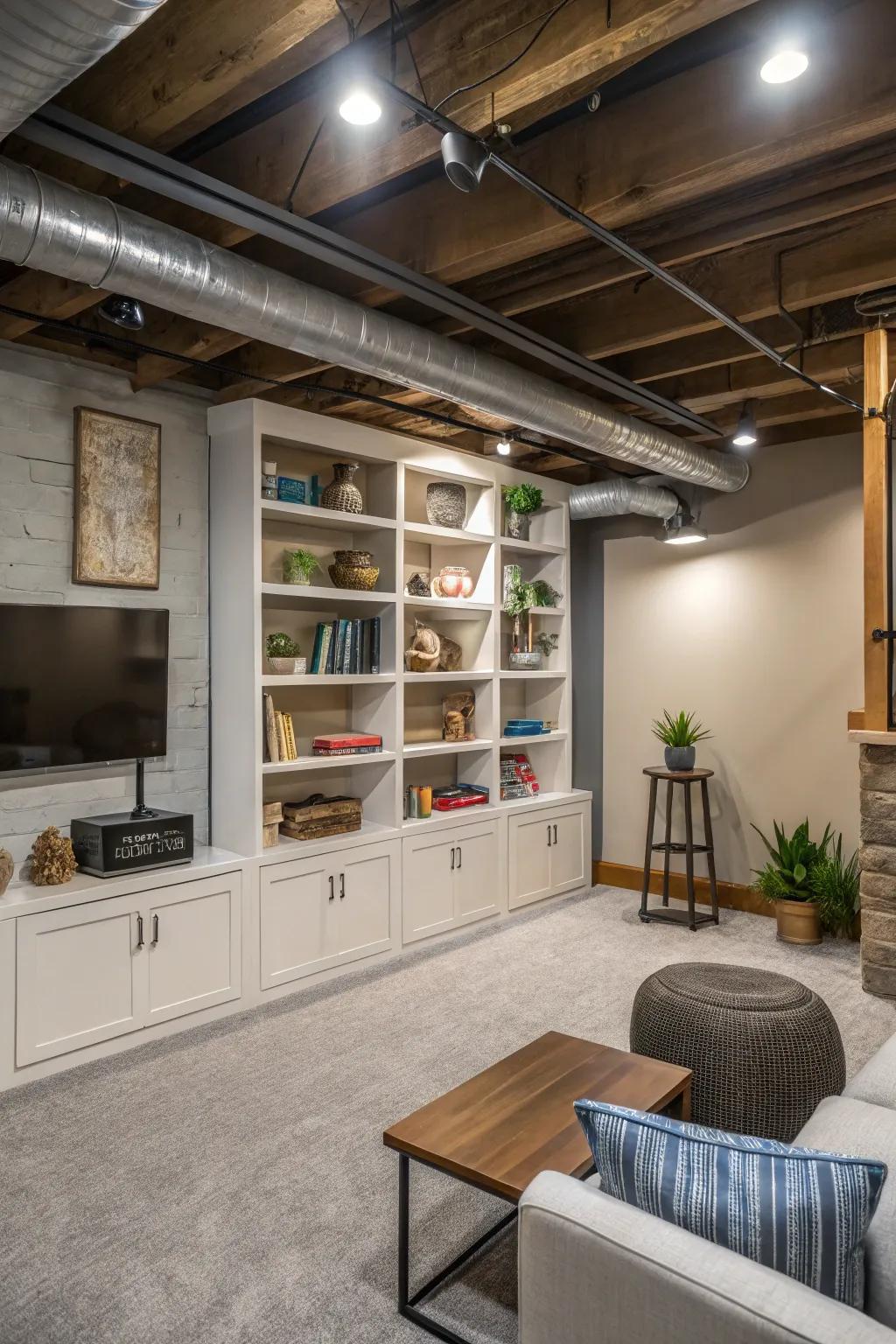 Maximize area and function with built-in shelving around ductwork.