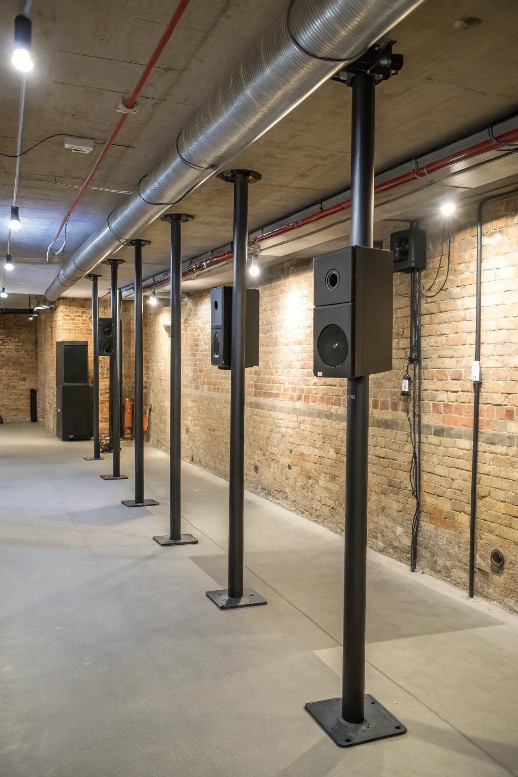 Sound systems are cleverly added to basement poles for an immersive experience.