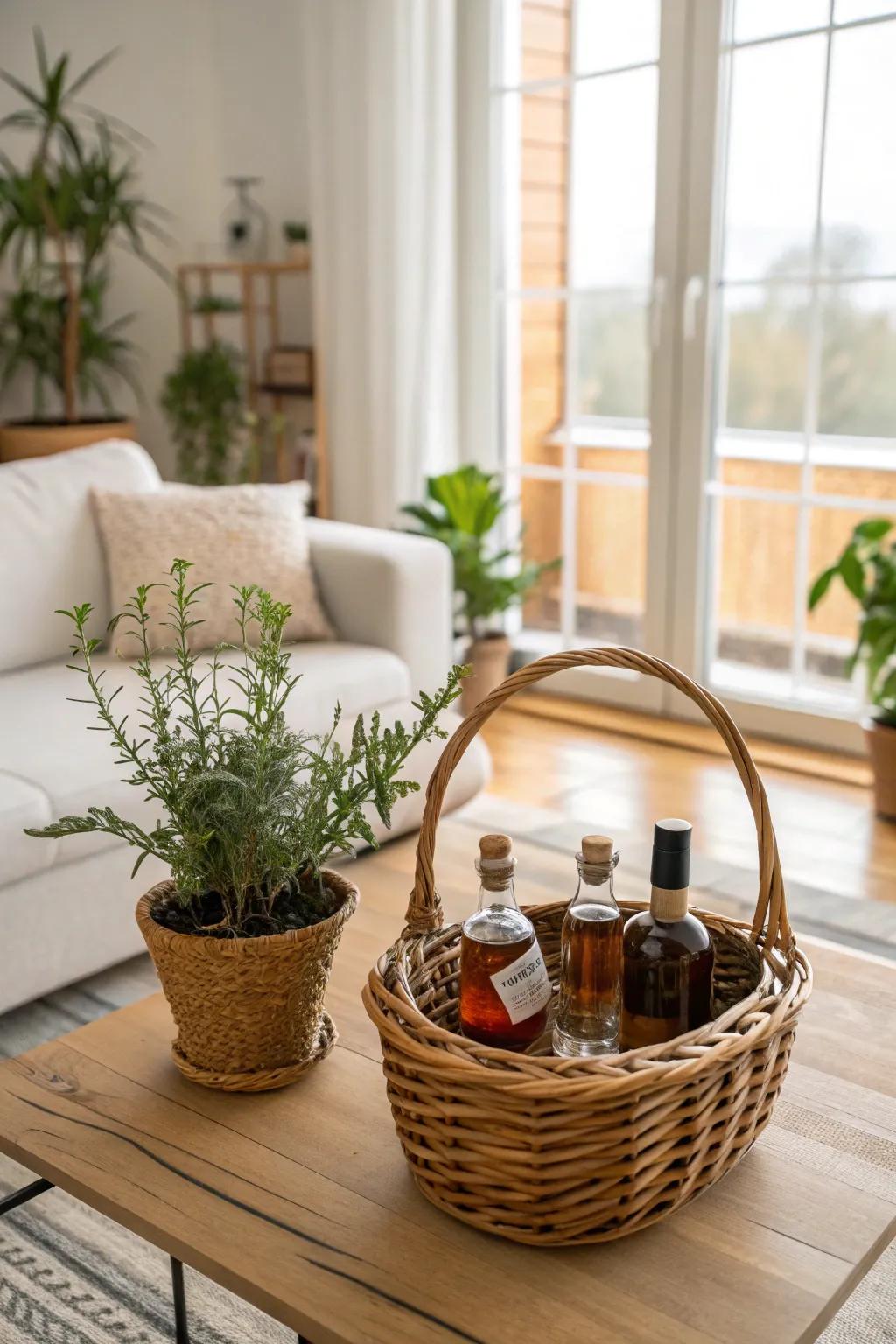 A green element brings life and freshness to the basket.