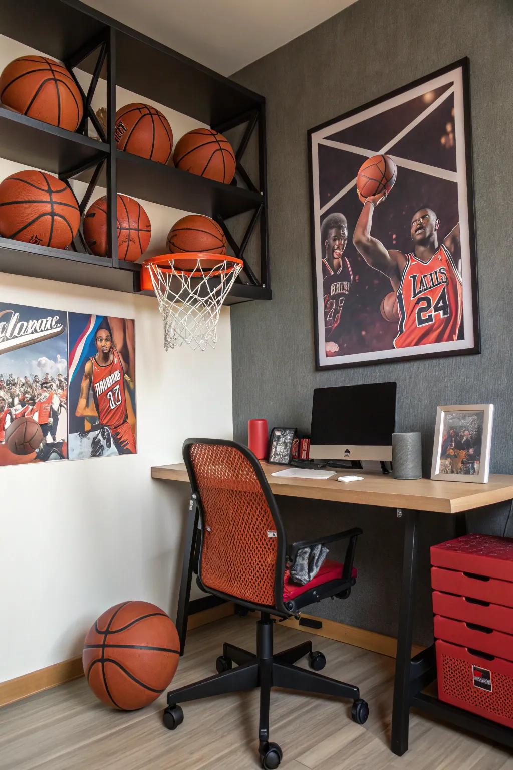 A basketball-themed workspace fosters inventiveness and concentration.
