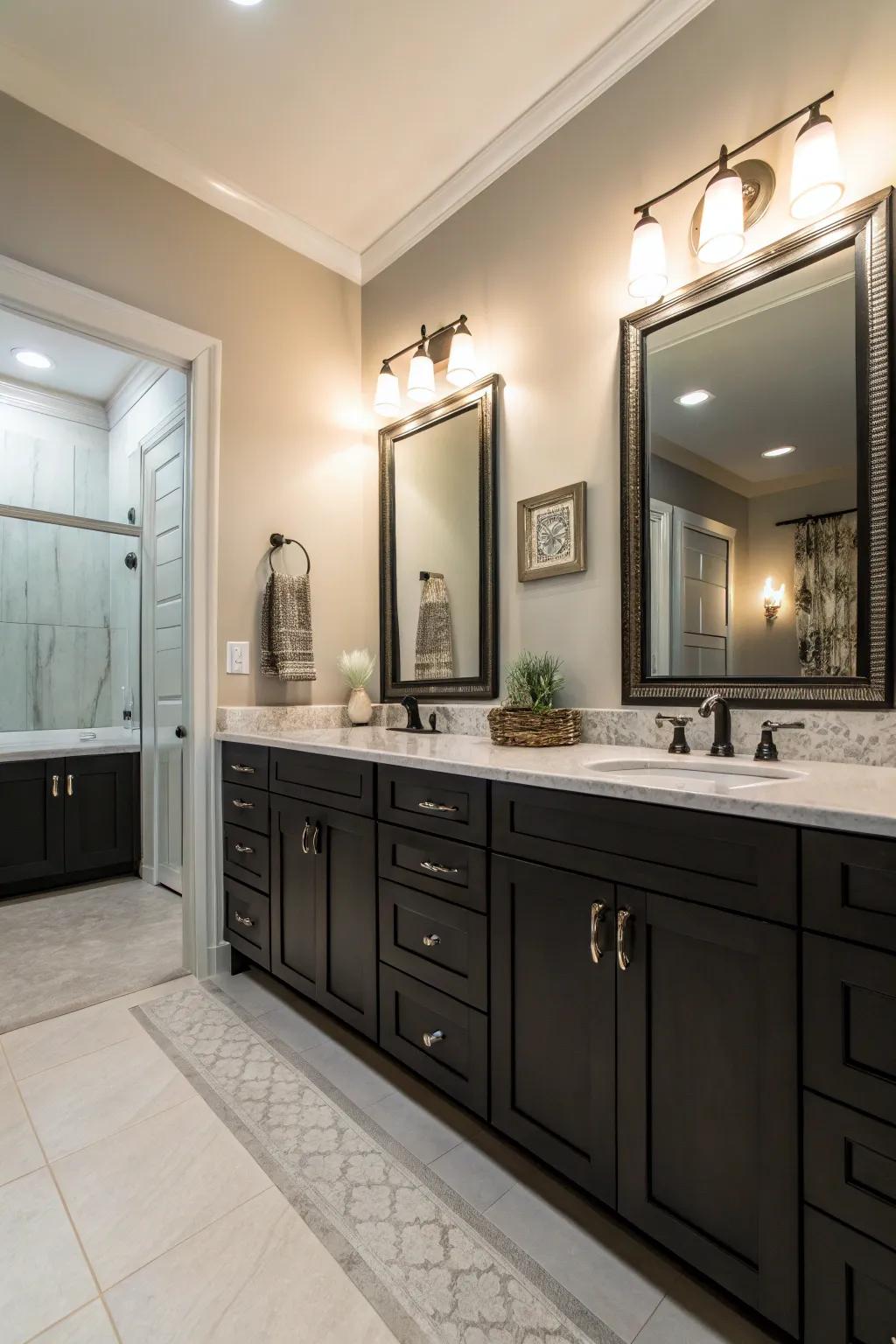 Dark shelves add a sophisticated and dramatic contrast.