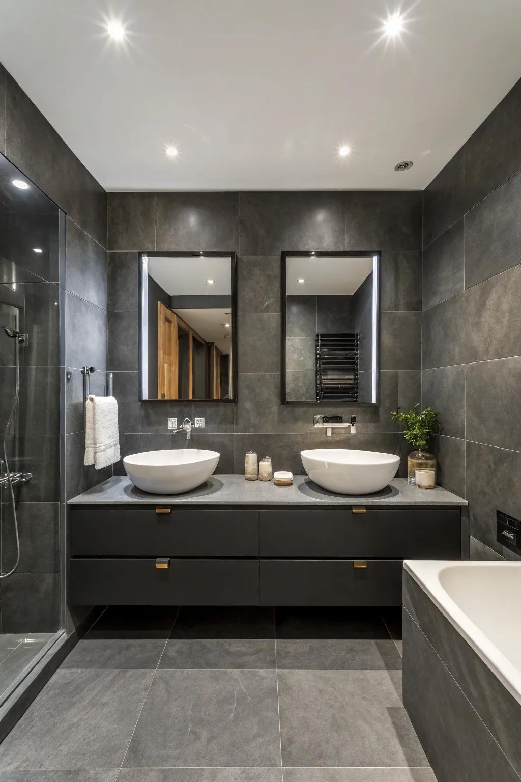 Brooding smoky gray creates a dramatic and cozy bathroom setting.