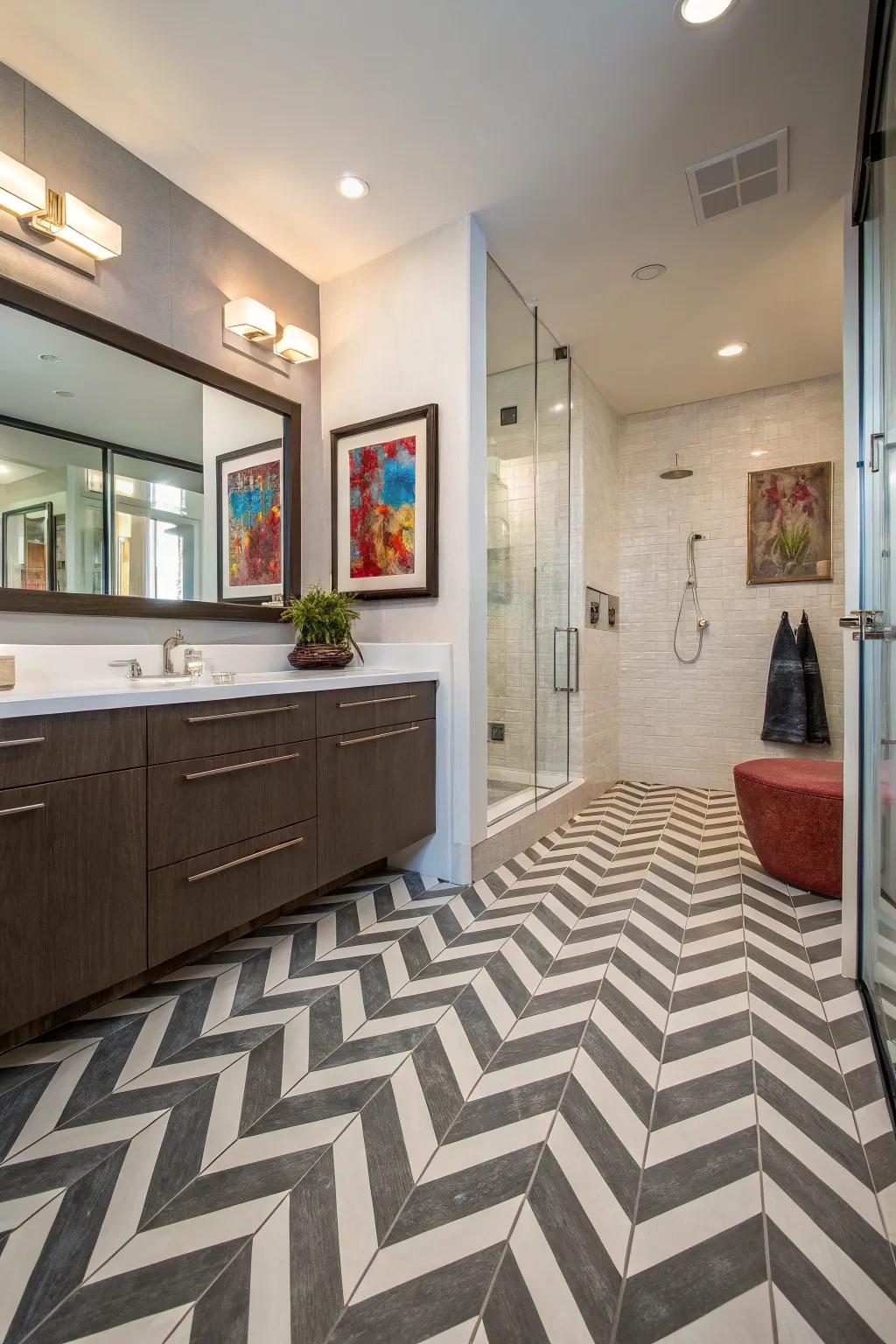 Chevron flooring adds dynamic energy to this stylish bathroom.