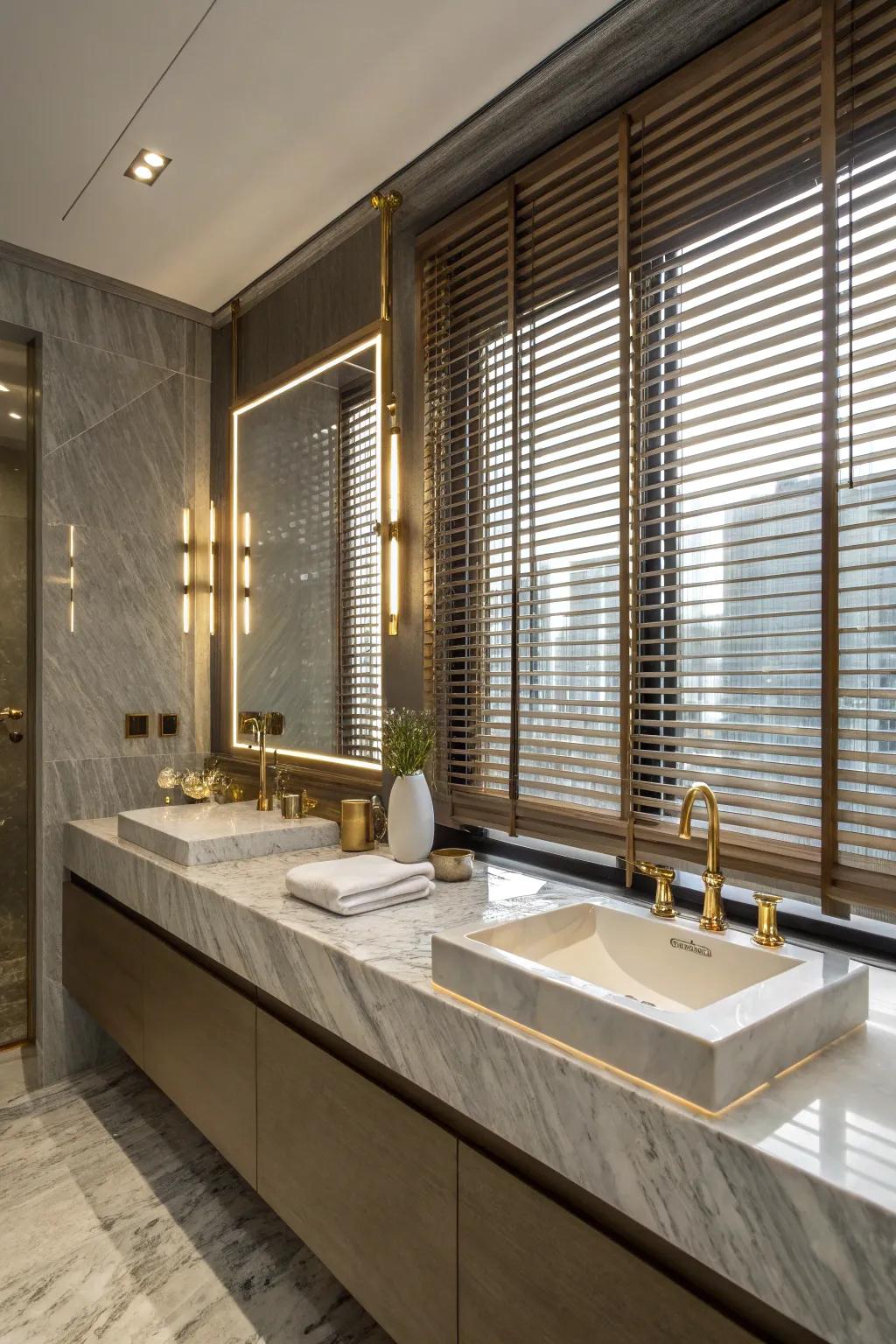 Glamorous shine: Metallic blinds elevate your bathroom's look.