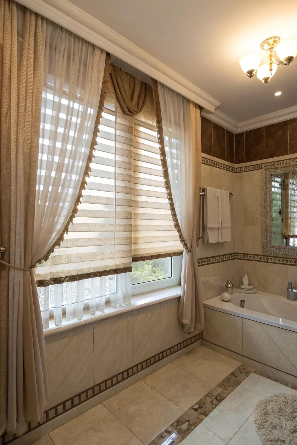 Tiered window dressings offering flexible light and privacy control.