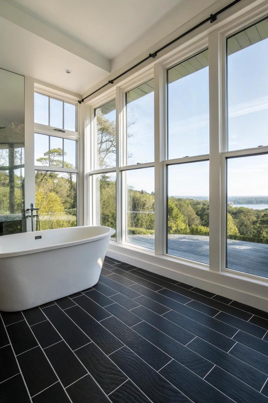 Sunlight enhances the dramatic beauty of a black floor.