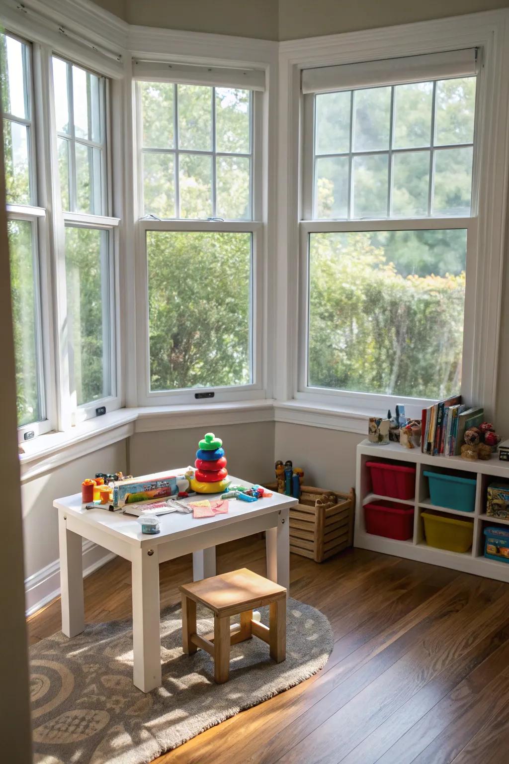 An engaging play spot in the bay window keeps kids entertained and engaged.
