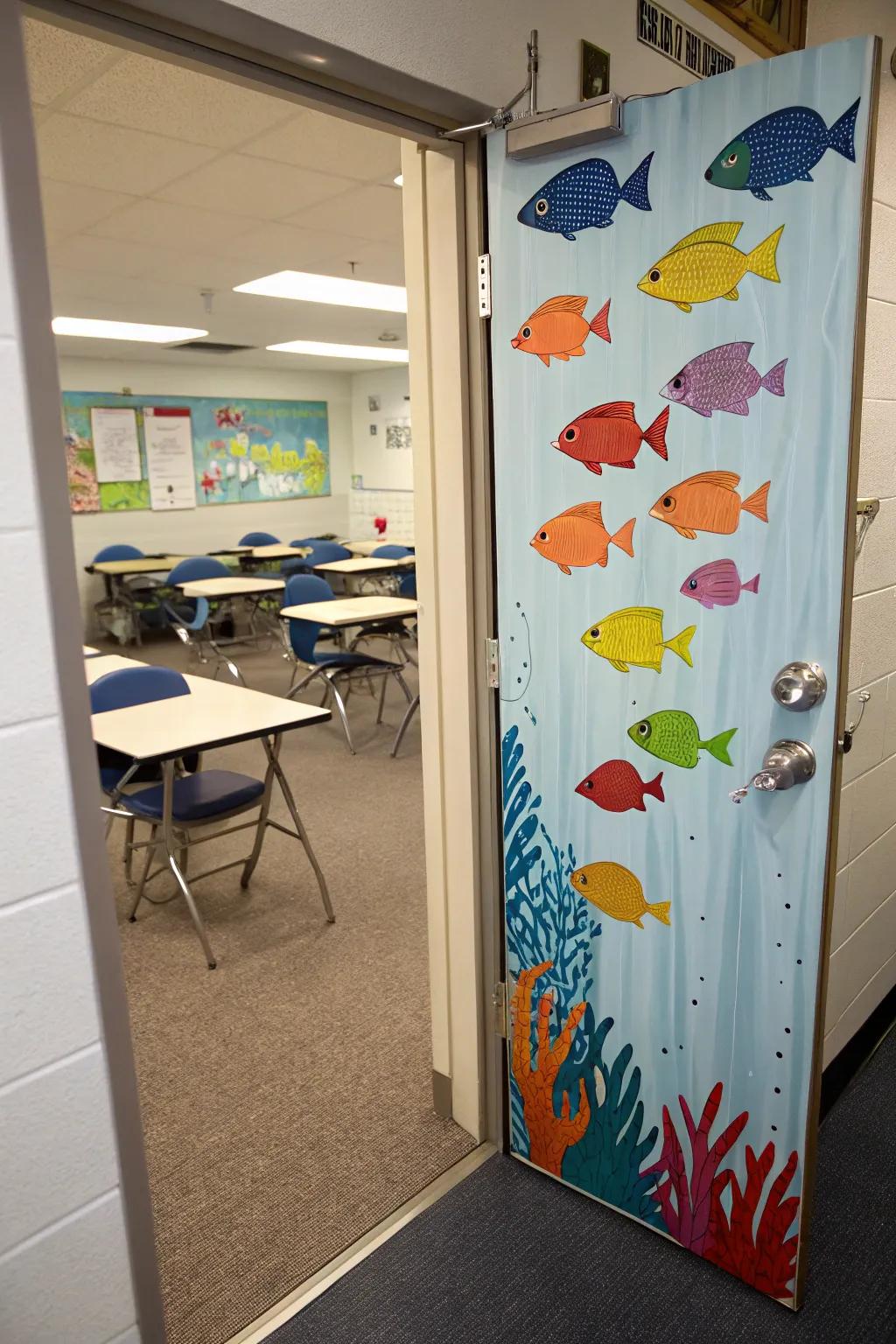 A lively parade of exotic fish on a classroom entrance.