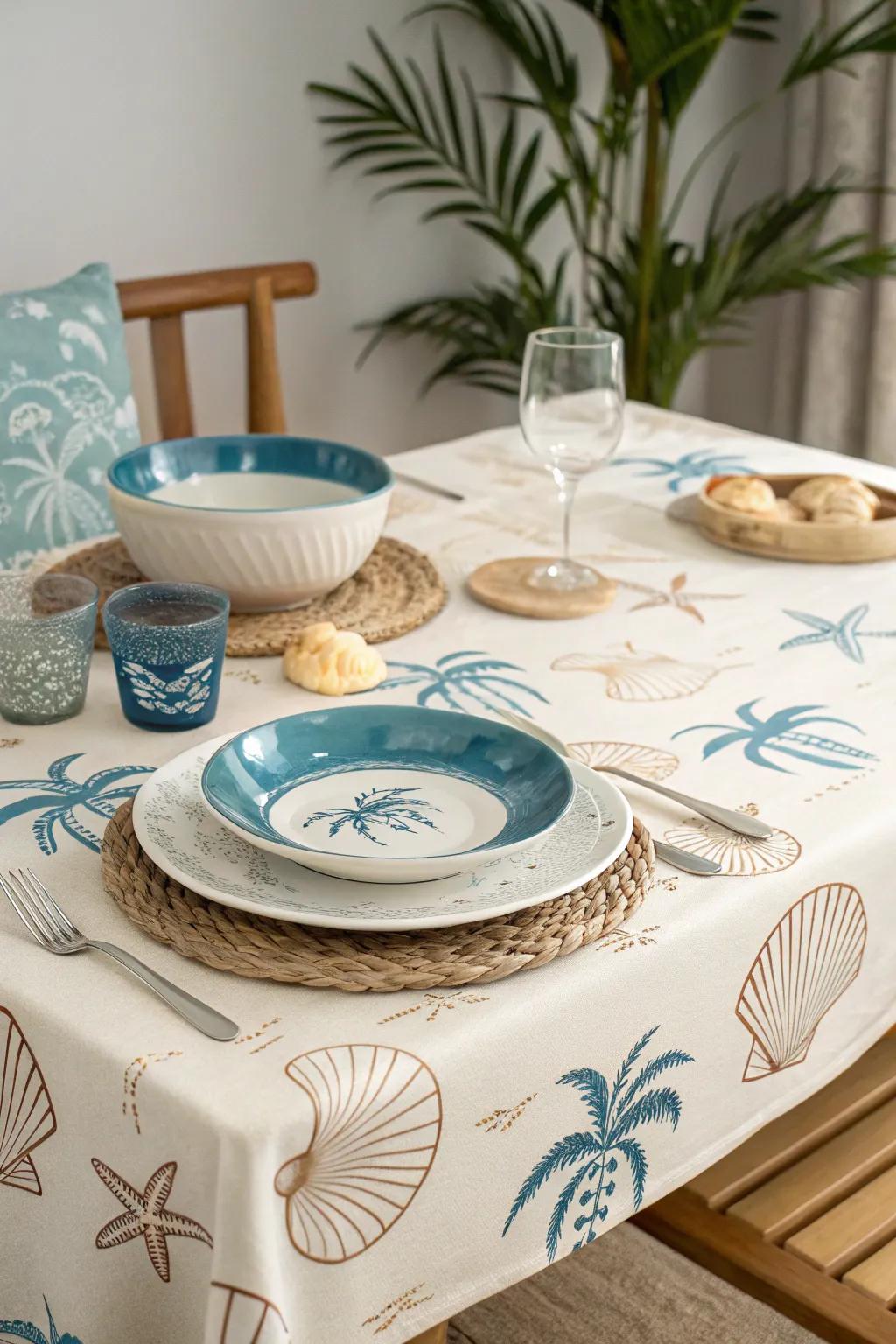Create a seaside ambiance at your dining table with beachy covers.