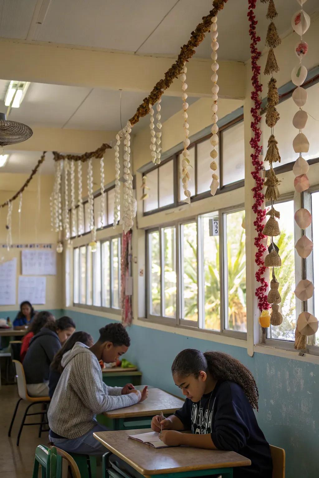 Shell garland accents deliver a refined and elegant touch to the classroom aesthetic.