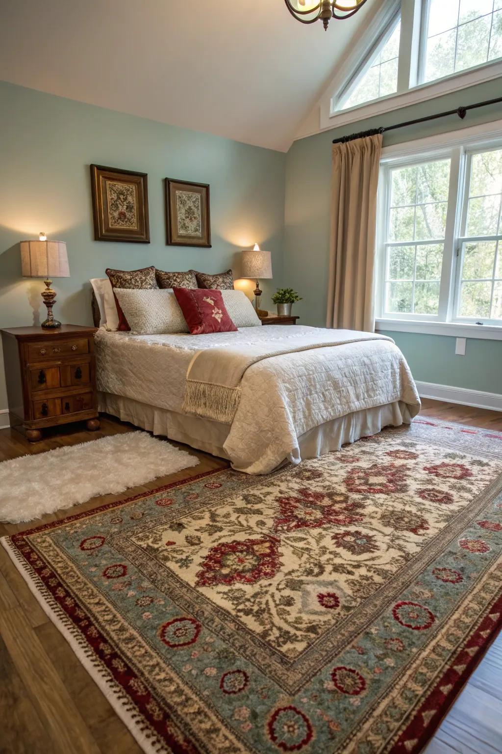 Floor coverings introduce texture and warmth to this inviting bedroom.