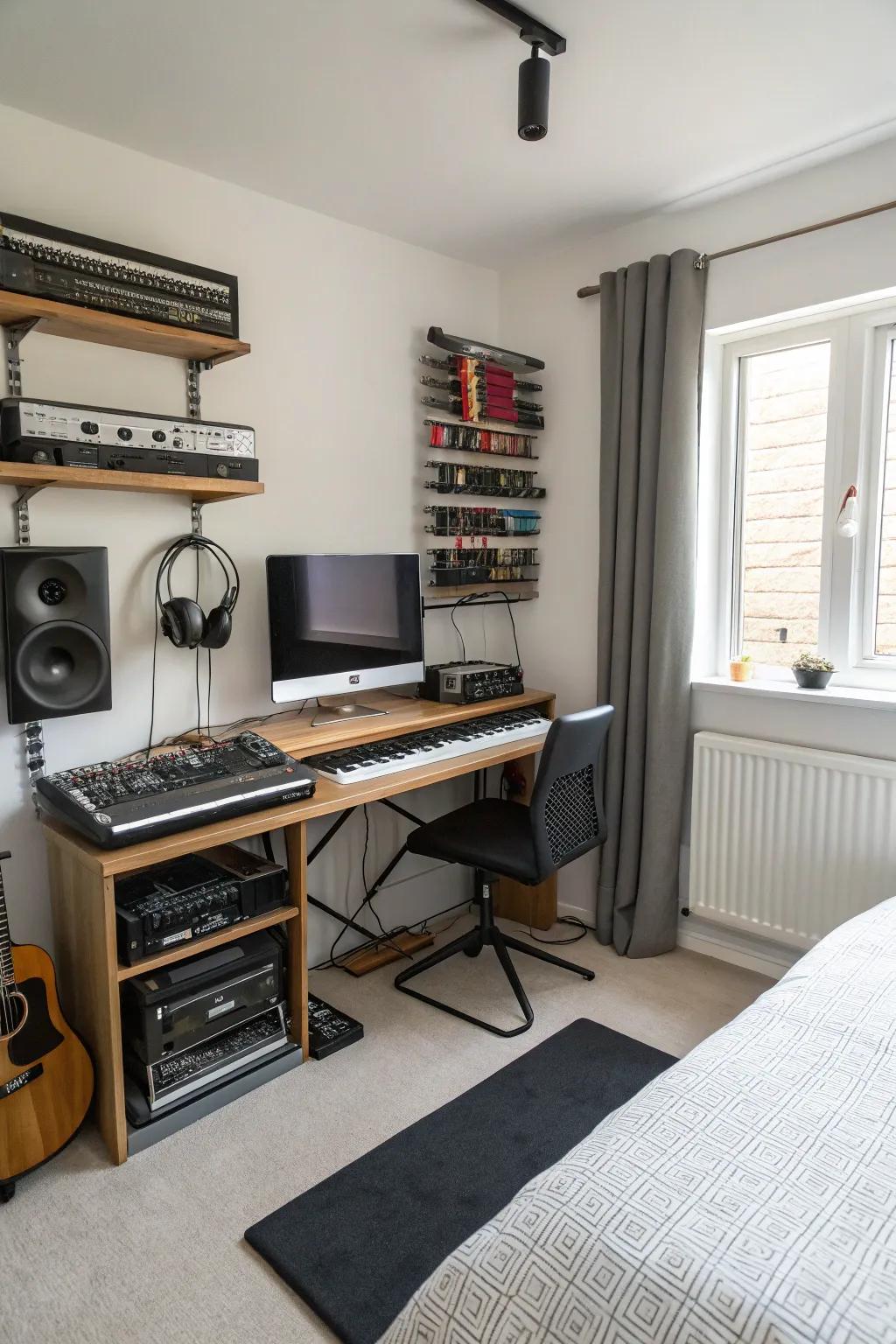 Hidden cable channels provide a sleek look for your music space.