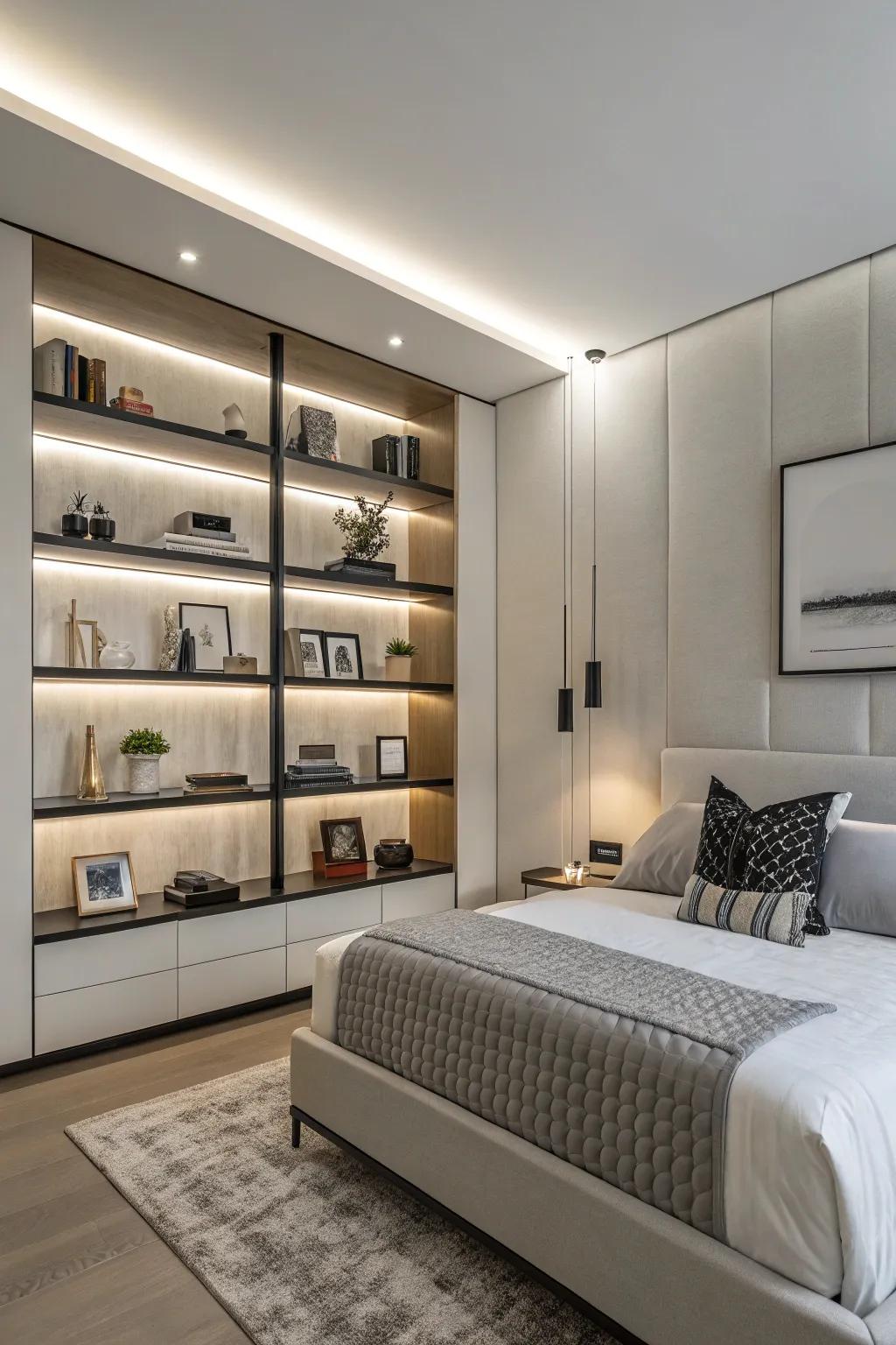 Unseen supports furnish shelves a pristine, floating appearance.