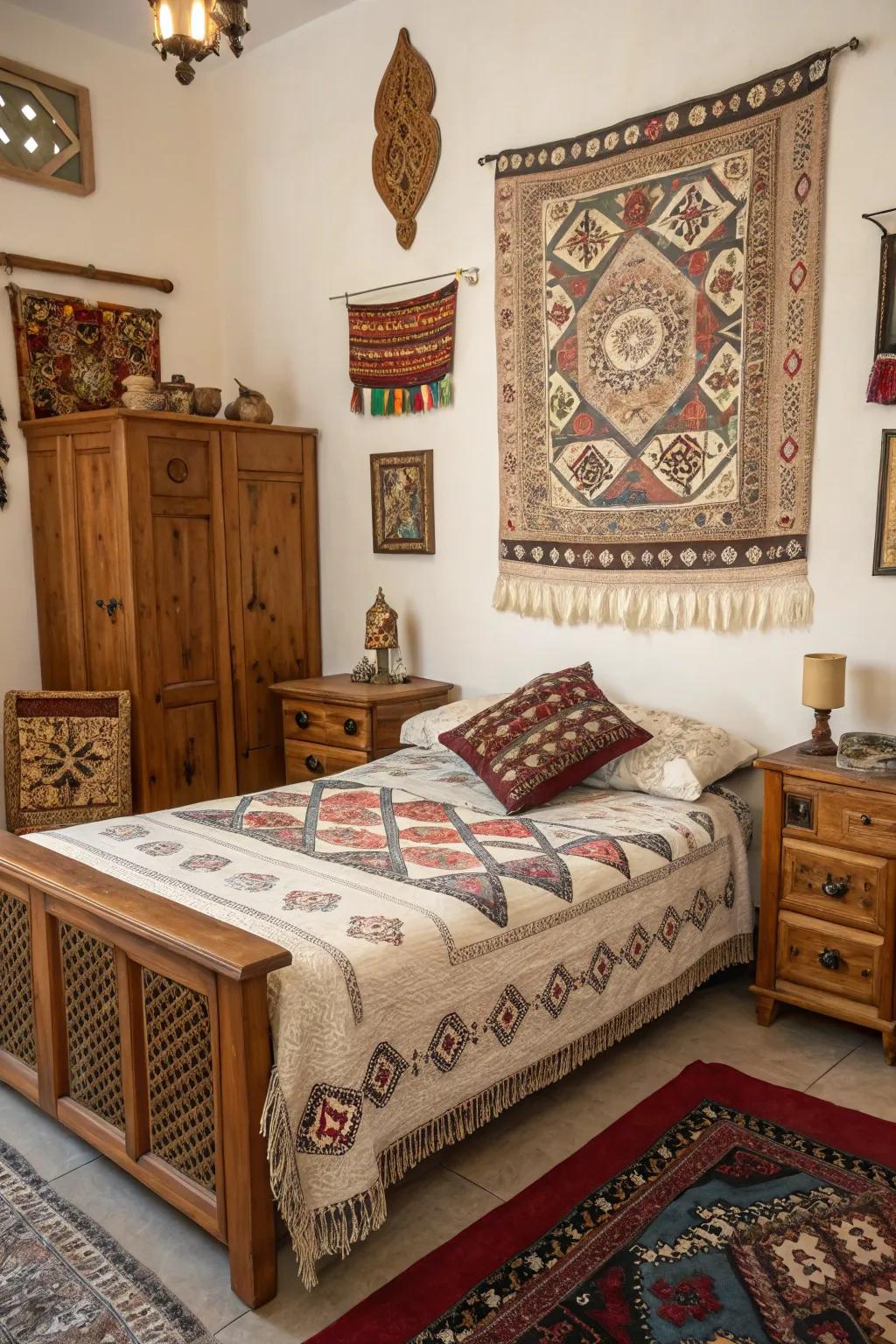Cultural items add a unique and personal touch to the bedroom.
