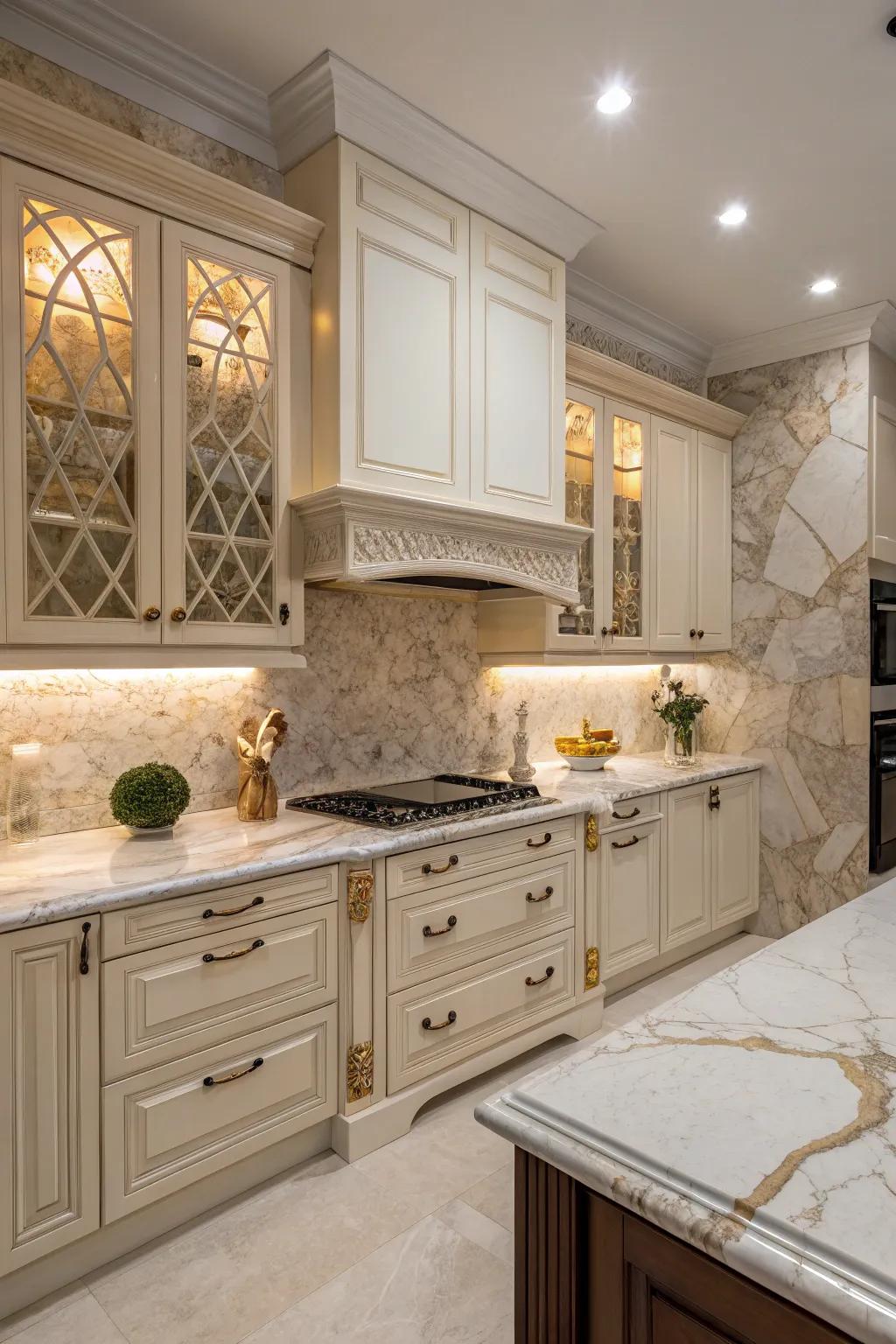 Mixing textures imparts depth and dynamic intrigue to the kitchen.