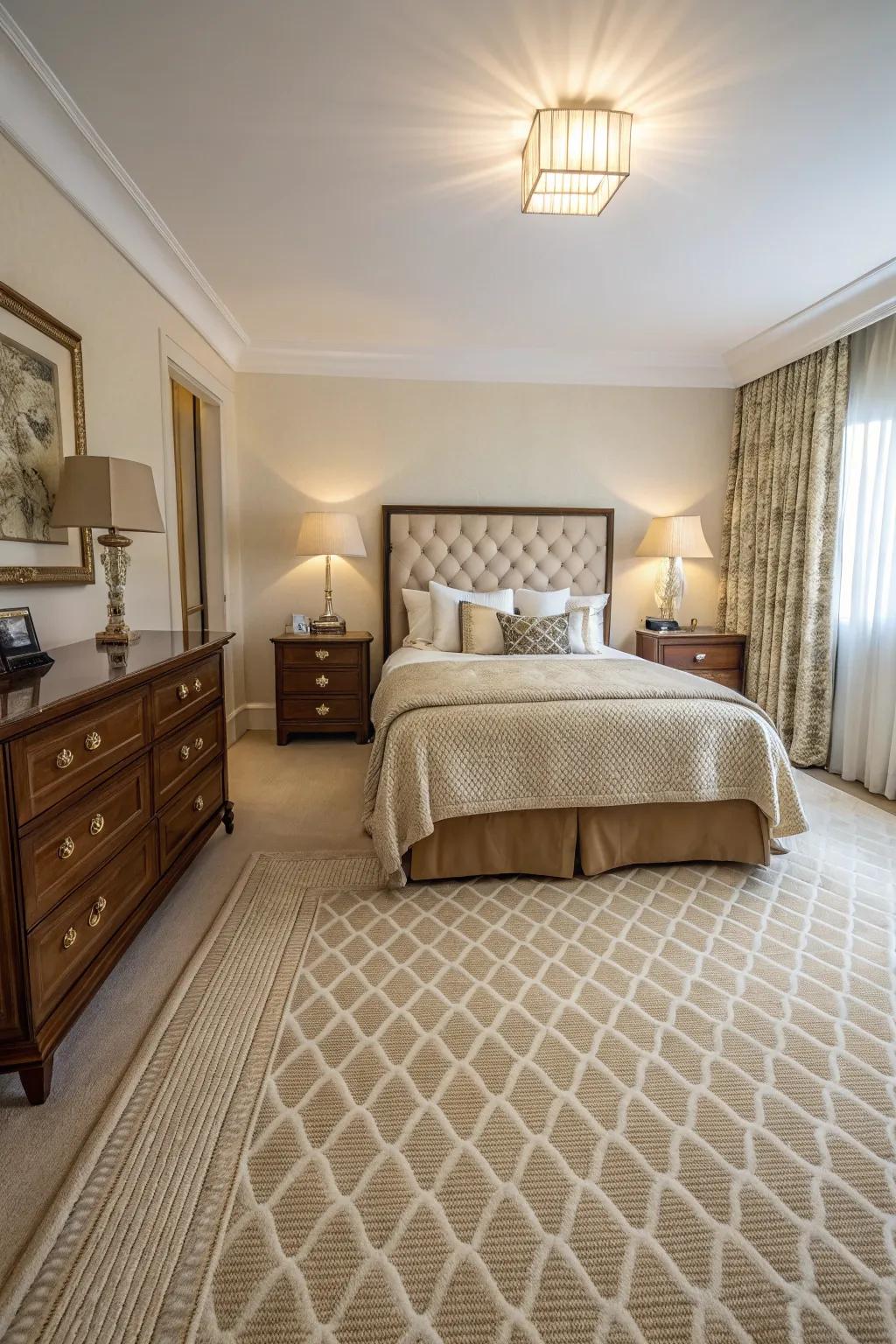 Equilibrium creates a harmonious and balanced environment in a bedroom with a beige carpet.