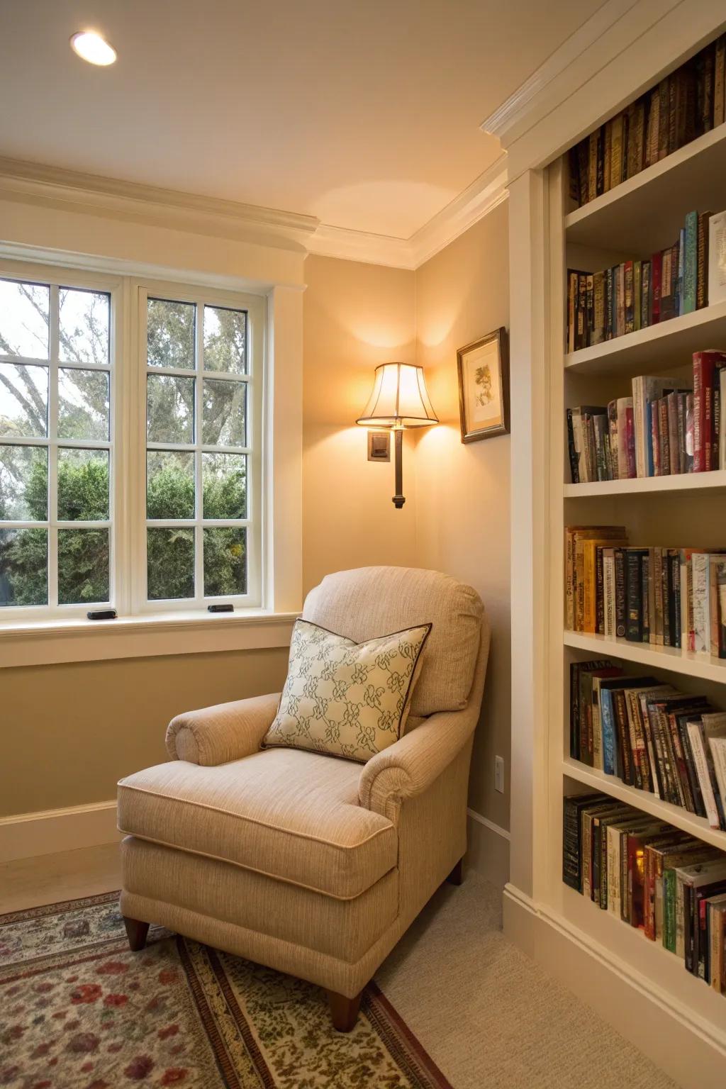 A cozy reading area in a beige interior offers the perfect place for relaxation.