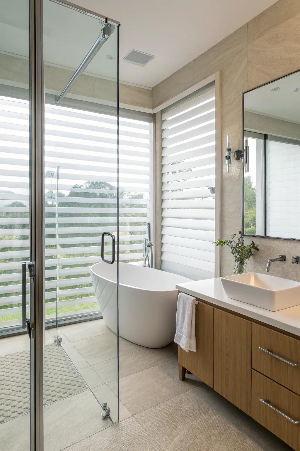 Frosted blinds offer privacy without blocking light.