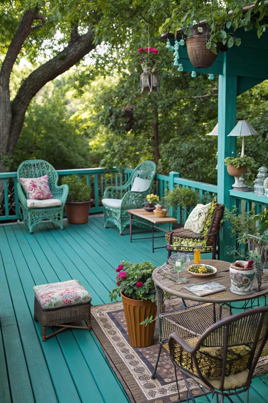 Sea green decks offer a rich and vibrant jewel-toned accent.
