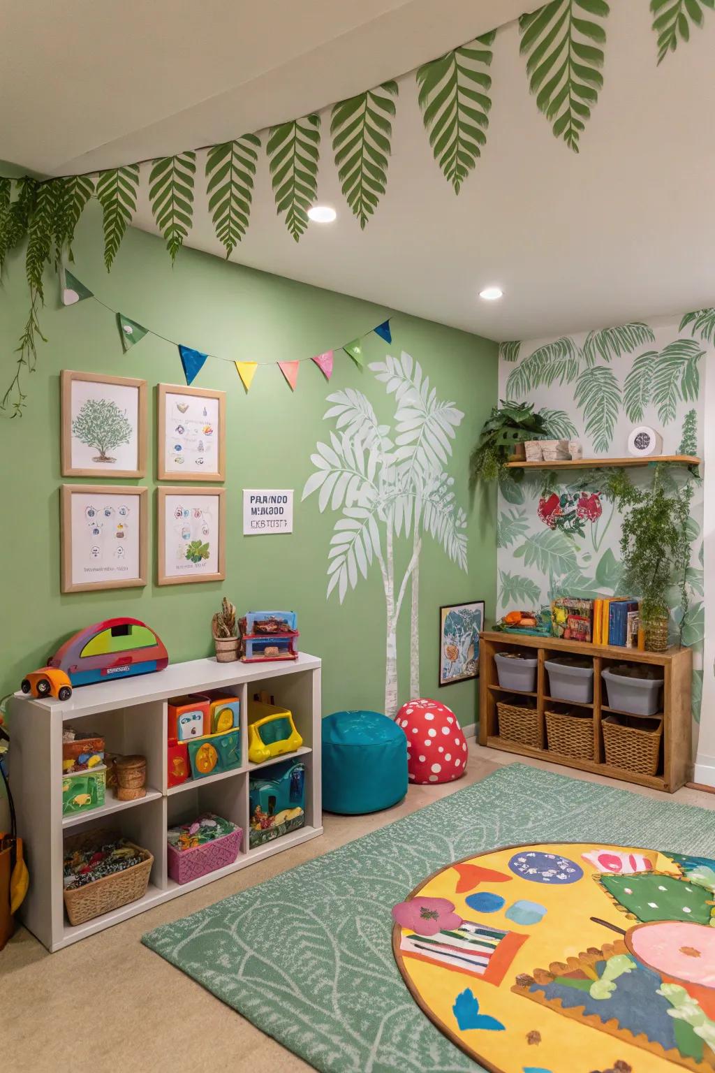 A vibrant creative space emphasizing lively frond green walls.